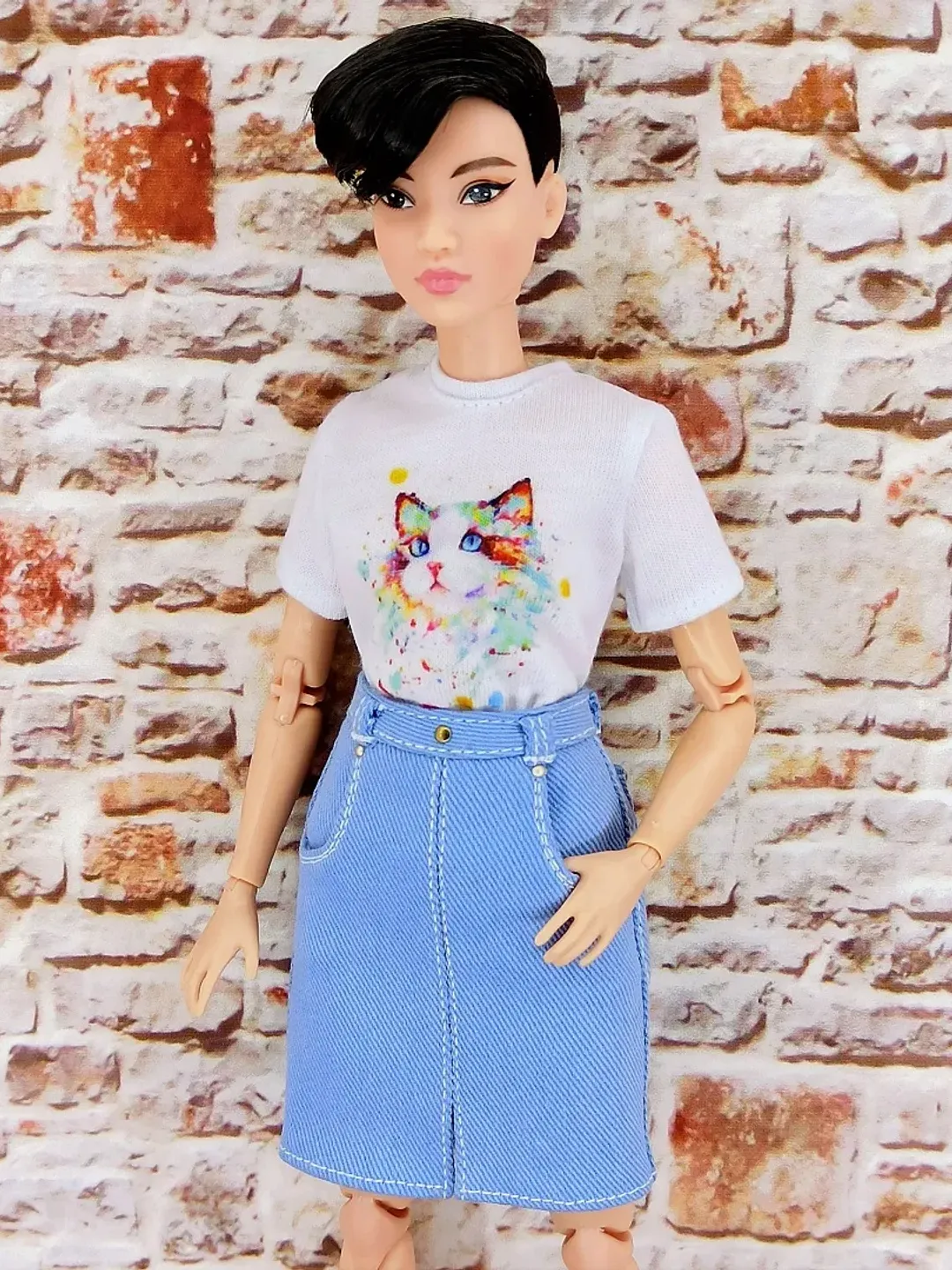 Blue denim skirt with t-shirt for Barbie Doll (Petit)