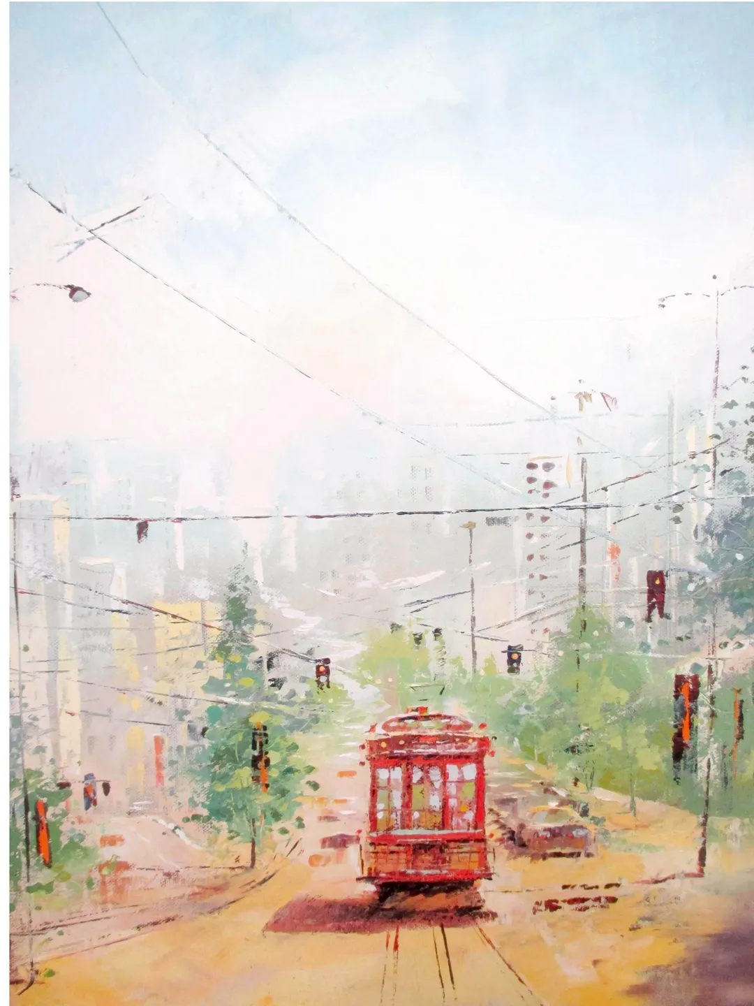 Original Oil Painting "MIDDAY TRAM" Painting on Canvas Modern City Painting Original Art by "Walperion Paintings"