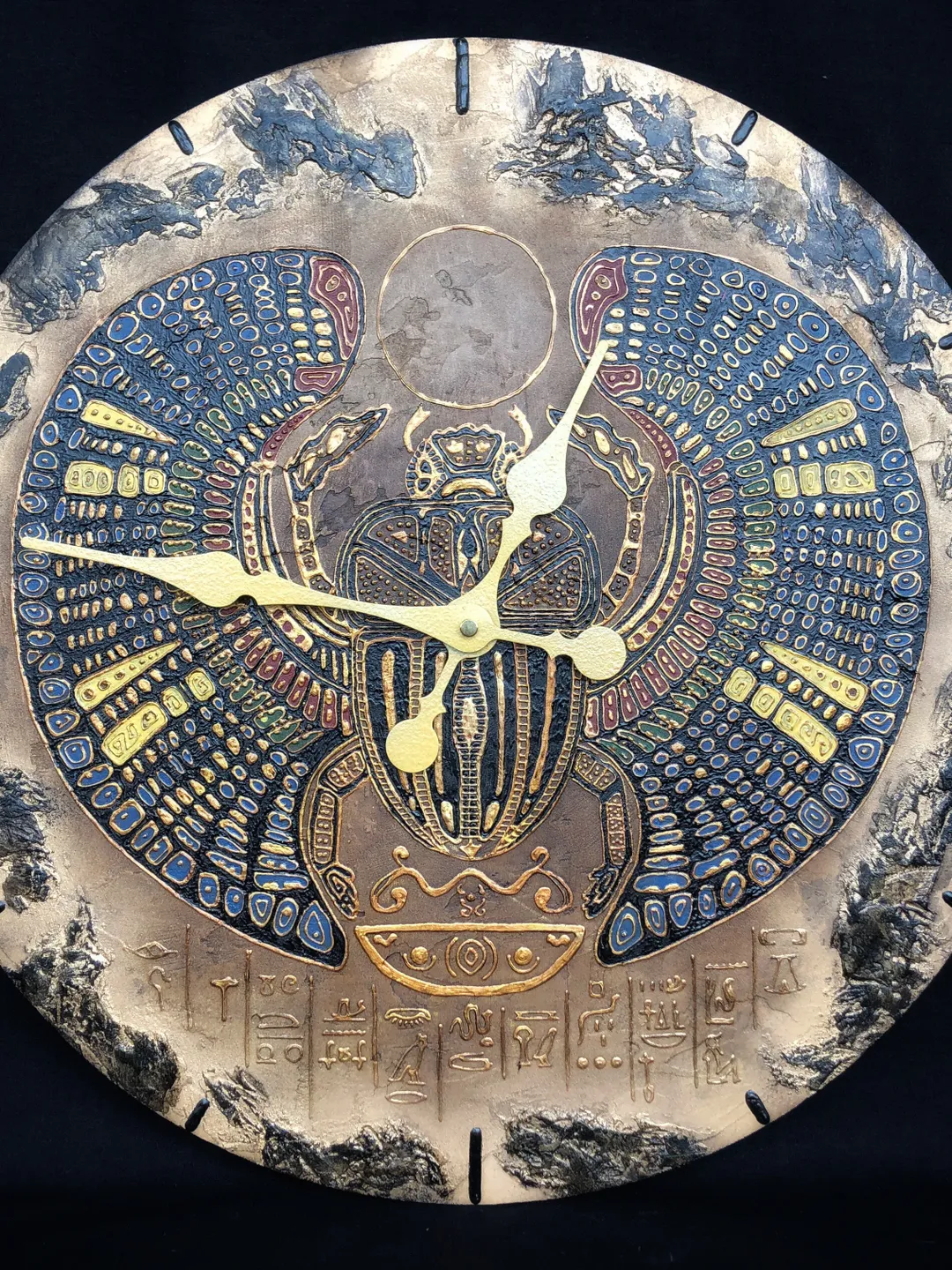 Large wall clock with Egyptian scarab and hieroglyphs