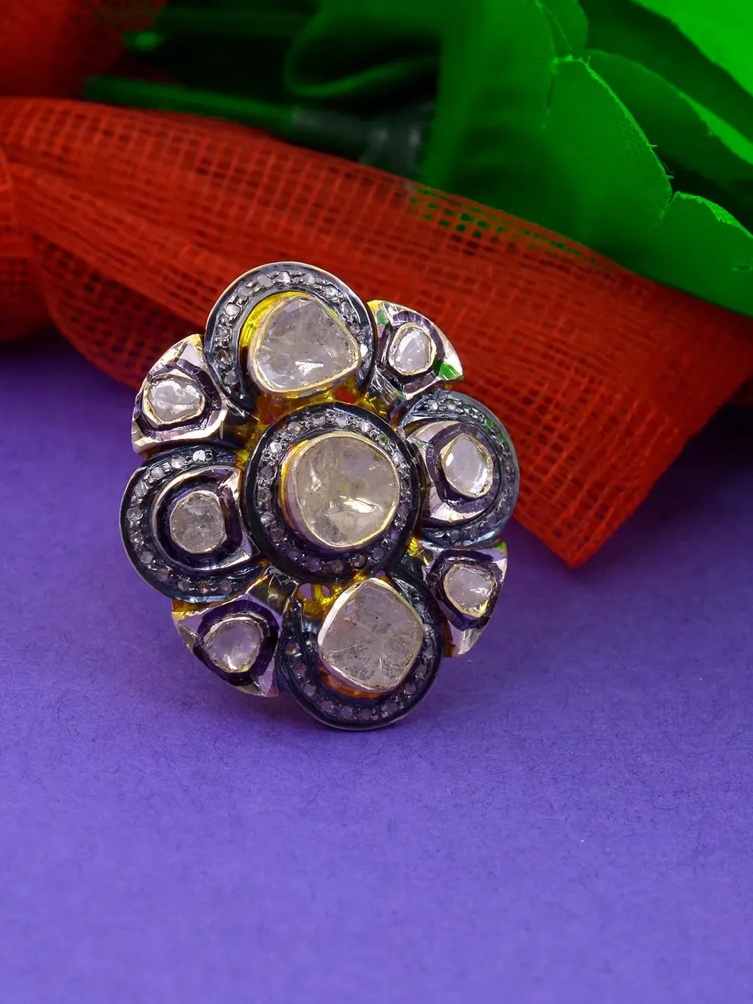 Antique Polki Diamond Ring, Sterling Silver Ring, Diamond Ring, Polki Jewelry, Cocktail Ring, Victorian Jewelry, Wedding Gift