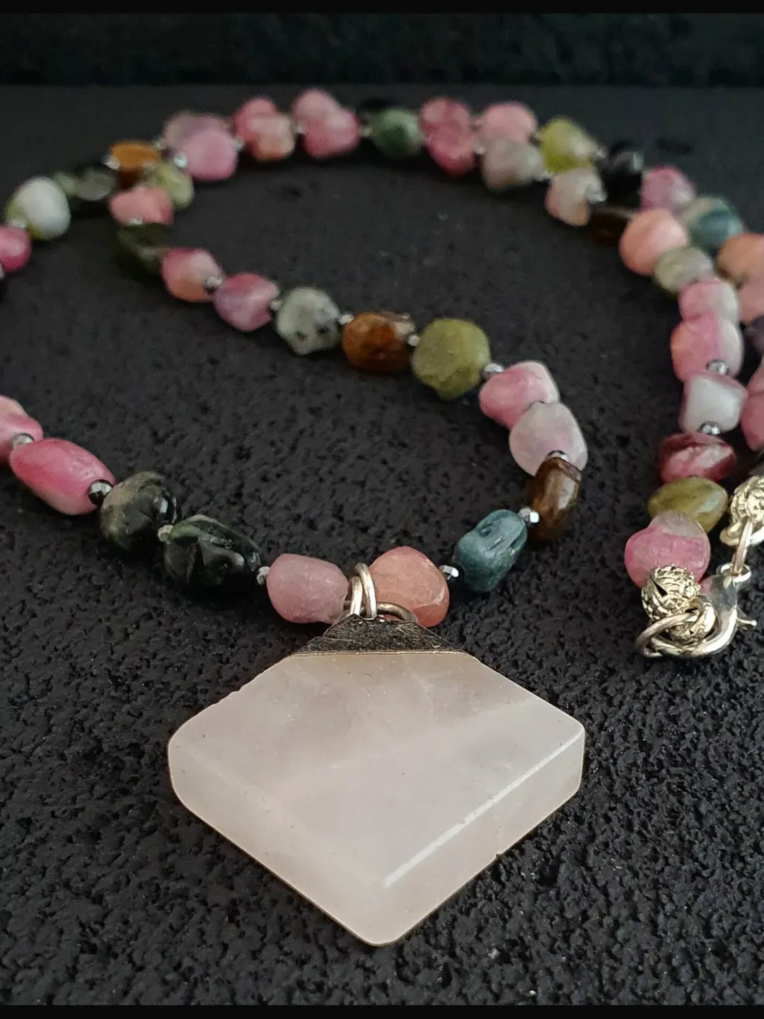 Tri-Color Tourmaline Necklace with Pink Quartz Pendant, 925 Sterling Silver Jewellery, Summer Accessory, Gemstone Necklace, Gifts for Women
