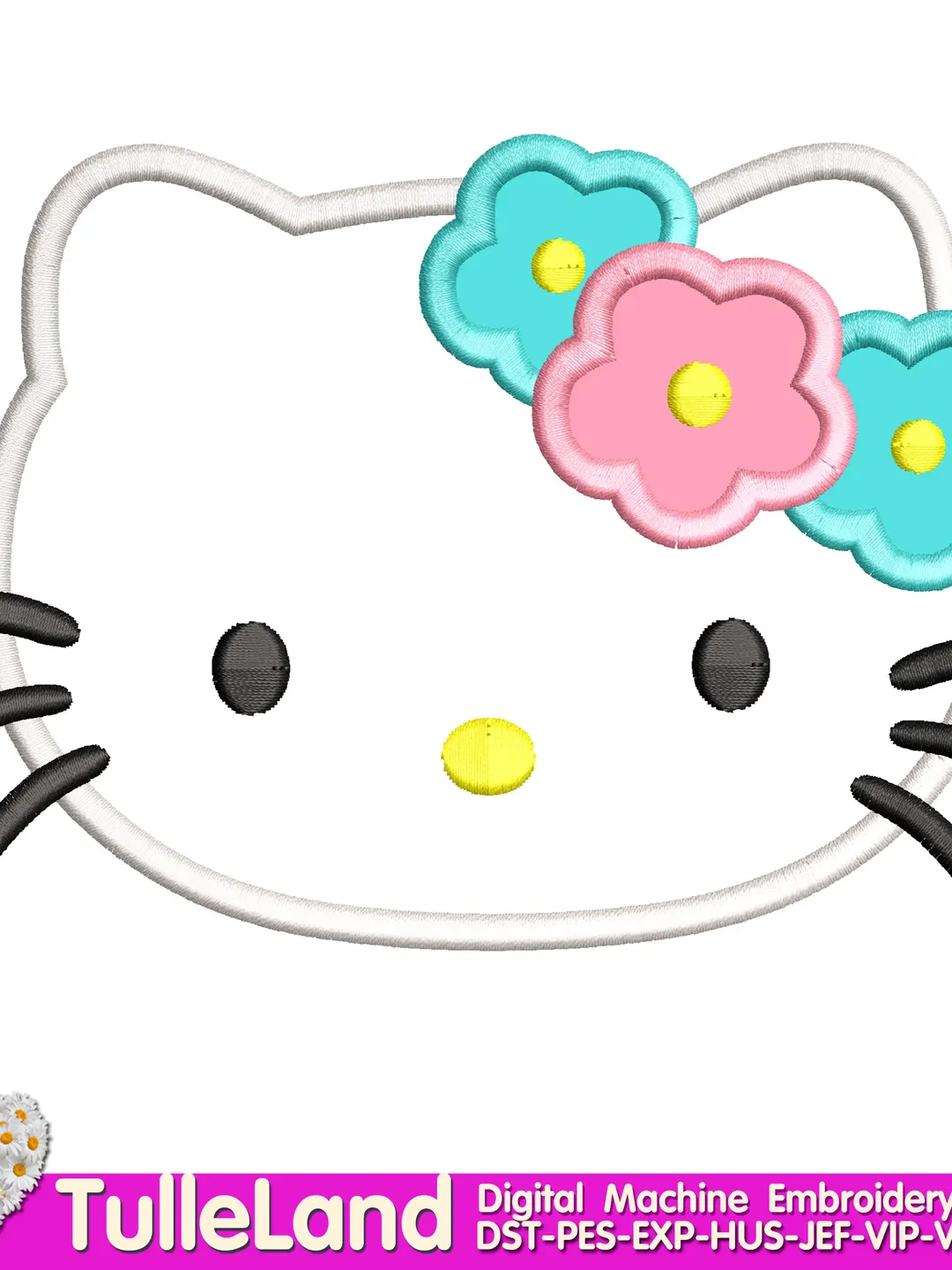 Kids Cute Kitty with Flowers 1st Birthday with Kitty Design Applique for Machine Embroidery