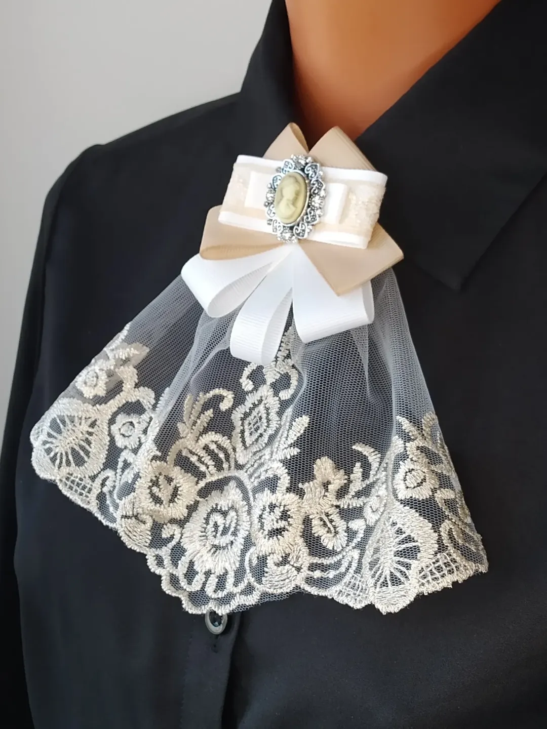 Lace jabot Victorian inspired White golden beige bow tie brooch with ...