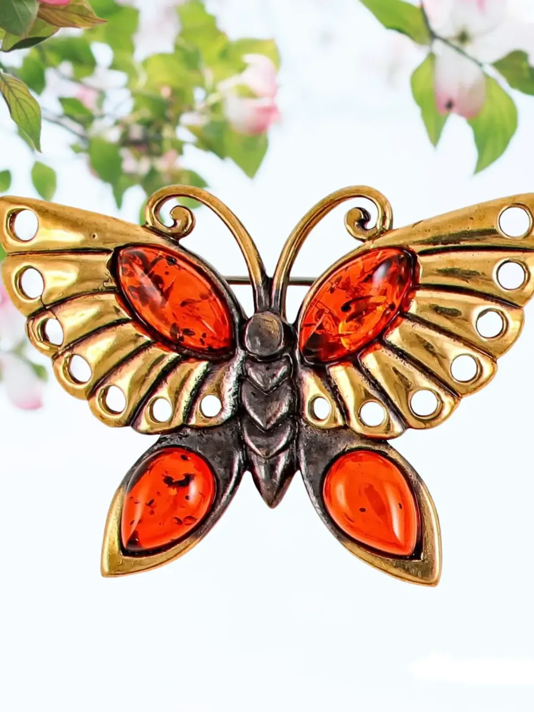 Amber Butterfly Brooch Pin Summer Amber Jewelry Handmade Mother day gift for women, mom brooch on dress Red, Gold Brass
