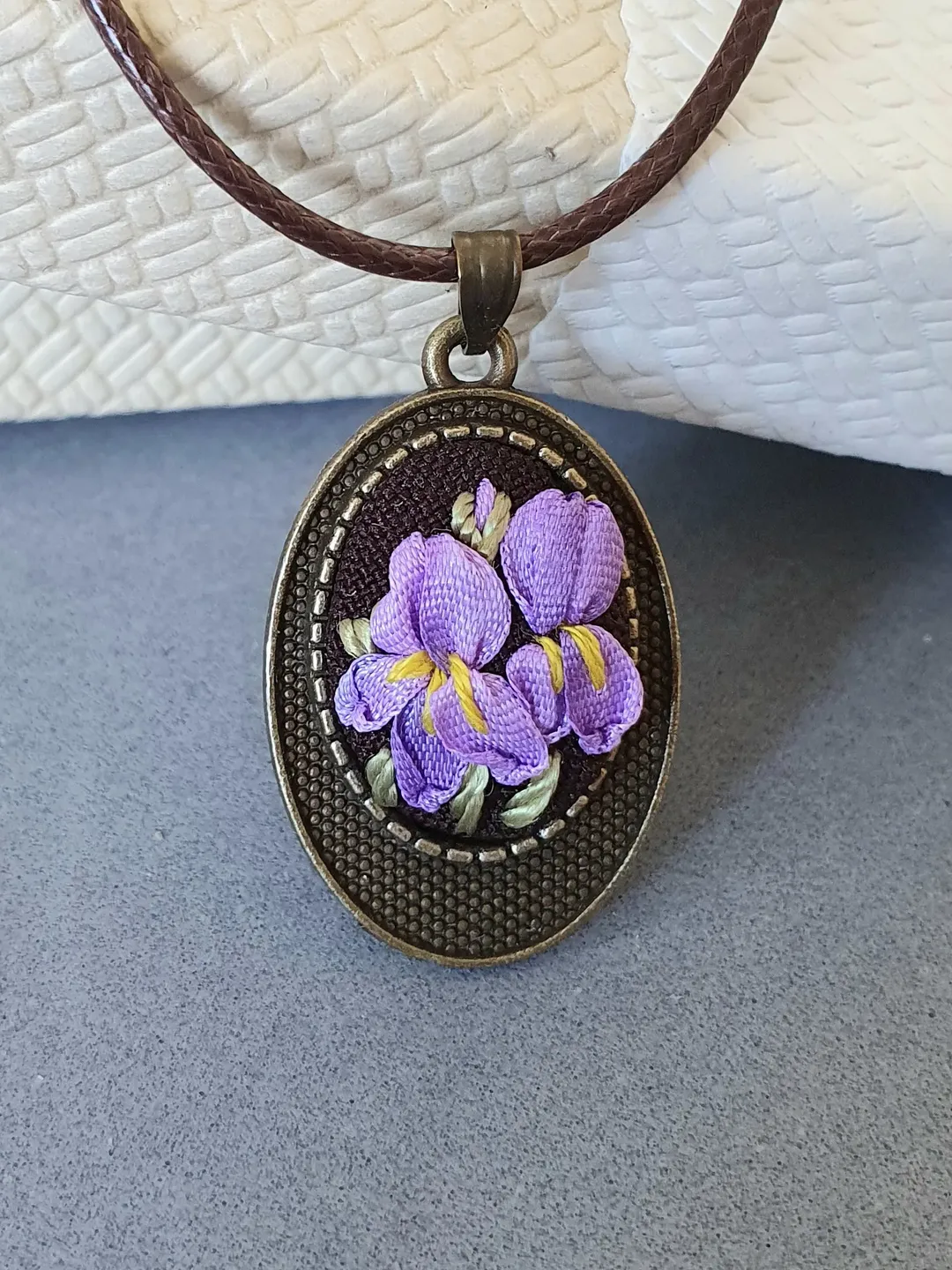 Ribbon embroidered irises on pendant, 4th wedding anniversary gift, custom embroidery bouquet