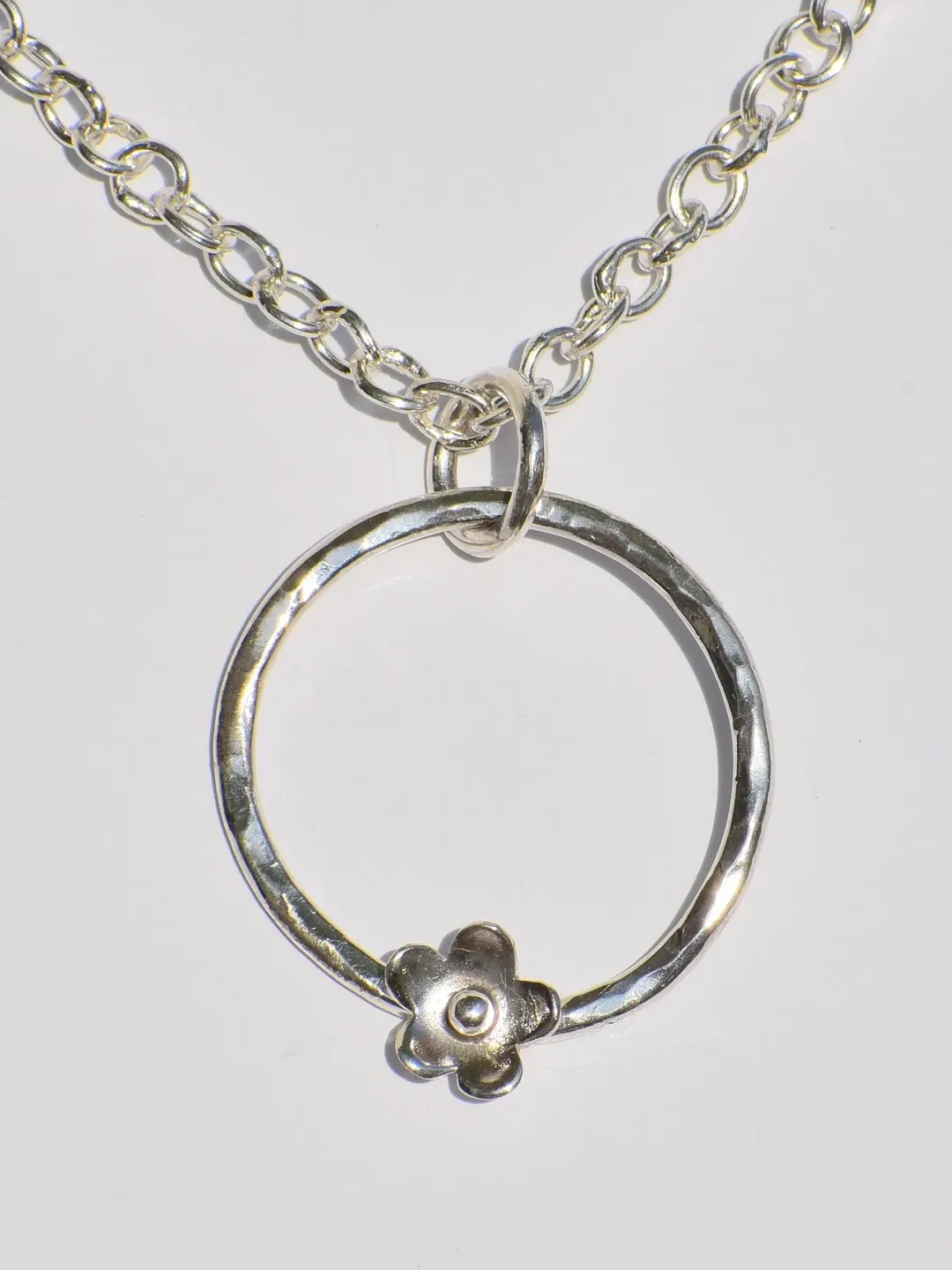 Hollow Circle Ring Necklace, Silver Pendant, Handmade Necklace, Flower On Ring Pendant, Hammered Ring Pendant, Pendant With Chain, Gift Idea