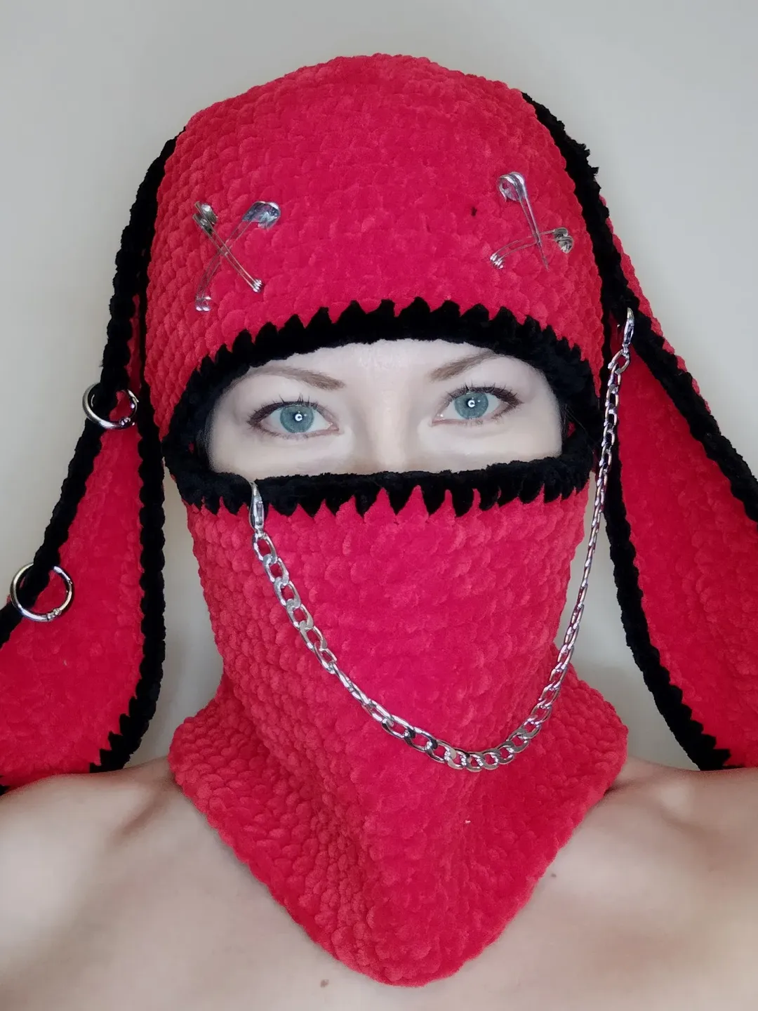 Red bunny balaclava with chain Sexy bunny kigurumi mask Rabbit balaclava with ears Halloween bunny full face mask