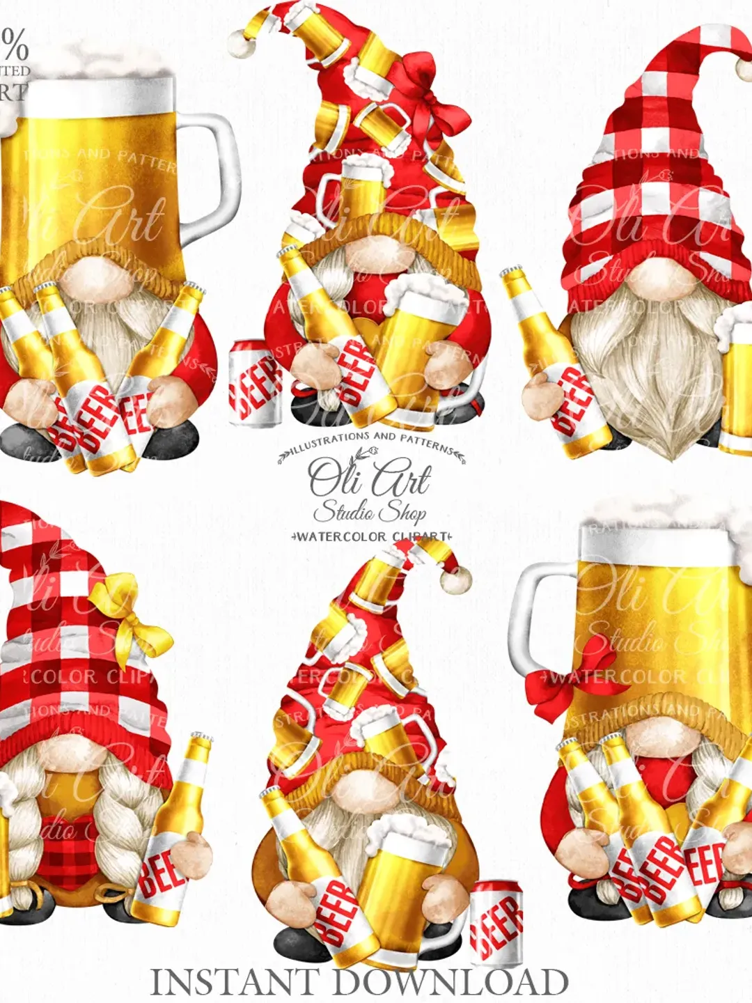 Gnome & Beer Clip Art. Cute Characters, Hand Drawn graphics. Digital Download. OliArtStudioShop