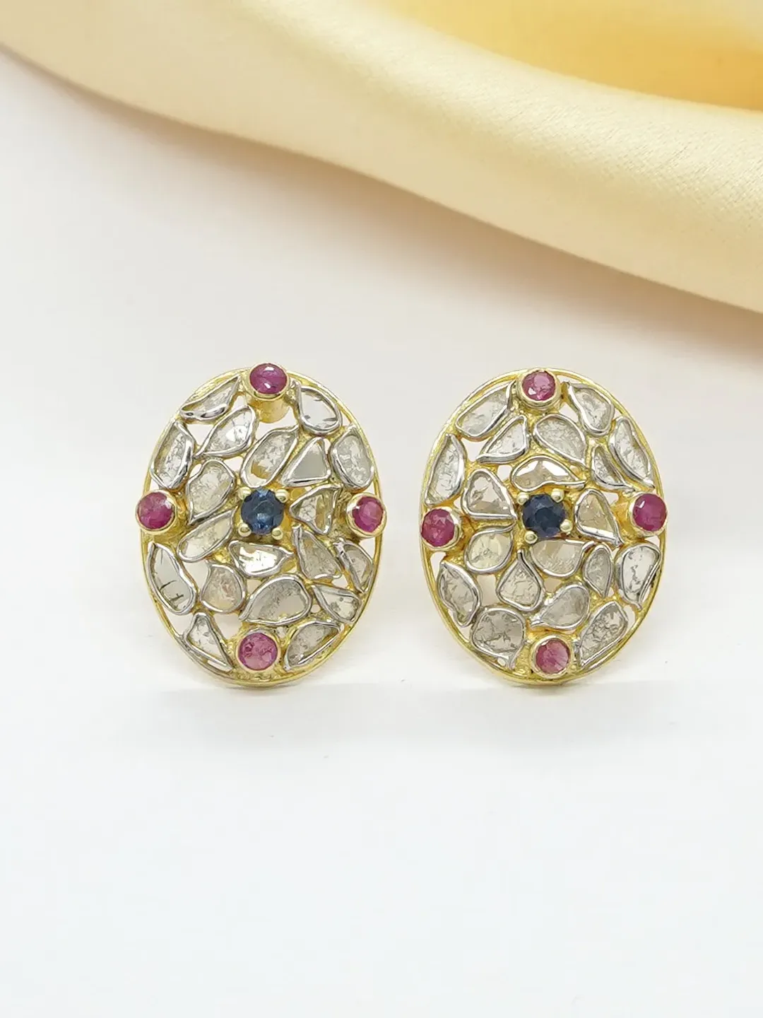 Natural Blue Sapphire Ruby Studs, Polki Diamond Studs, Multi Stone Studs, Polki Earrings, Art Deco Earrings, 925 Sterling Silver Studs