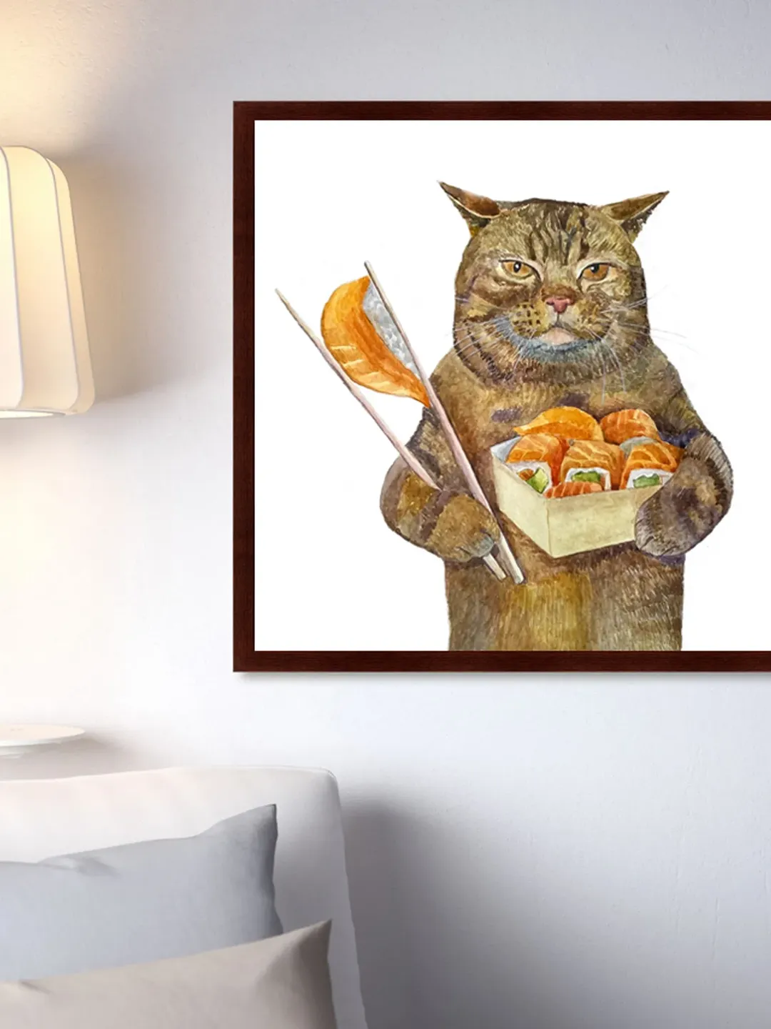 Cat with sushi - Handmade watercolor painting, funny orange cat, wall art