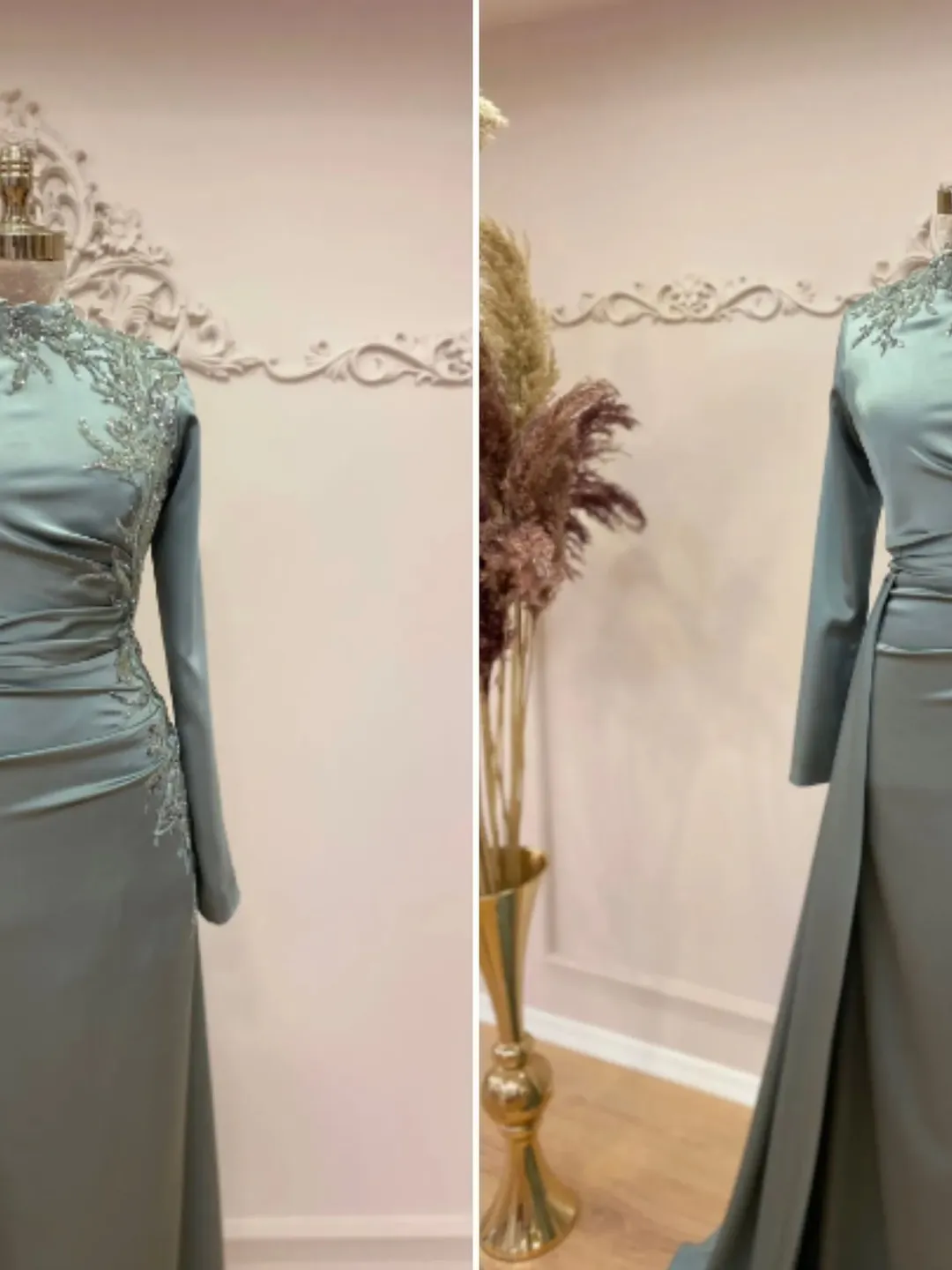 Eda Mint Satin Embroidered Side-Tailed Ahunare Wedding Dress, Muslim Evening Gown, Islamic Wedding, Engagement, Bridesmaid, Maxi Dress