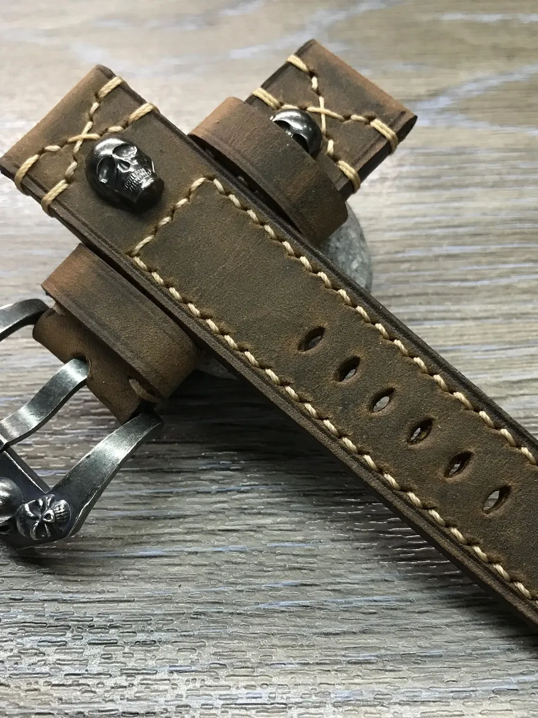 Leather Watch Band, 24mm watch band, Skull, Brown watch band, leather watch strap, Beige stitching, Easter Gift, FREE SHIPPING