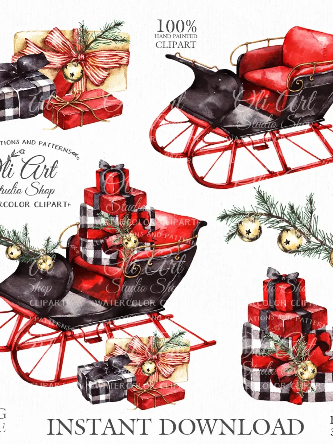 Merry Christmas Sleigh Clip Art. Digital Clipart, Hand Drawn Graphics, Digital Download. OliArtStudioShop