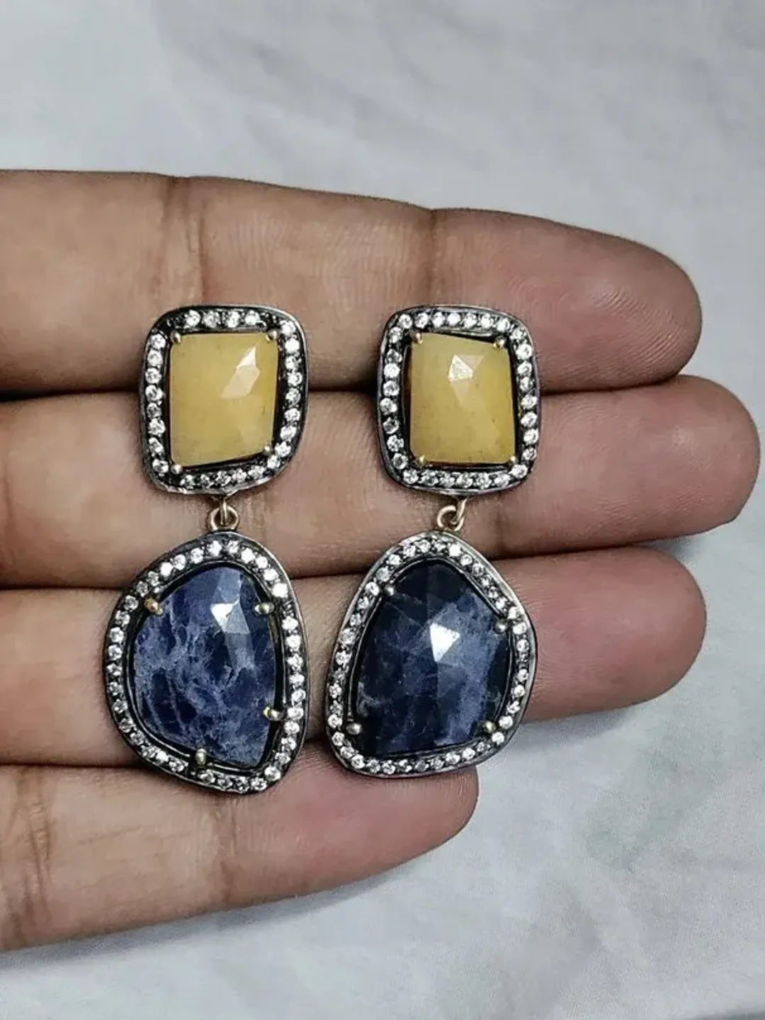 Natural Yellow/Blue Sapphire Earrings, Pave Earrings, Sterling Silver Earrings, Victorian Earrings, Statement Jewelry, Boho Earrings