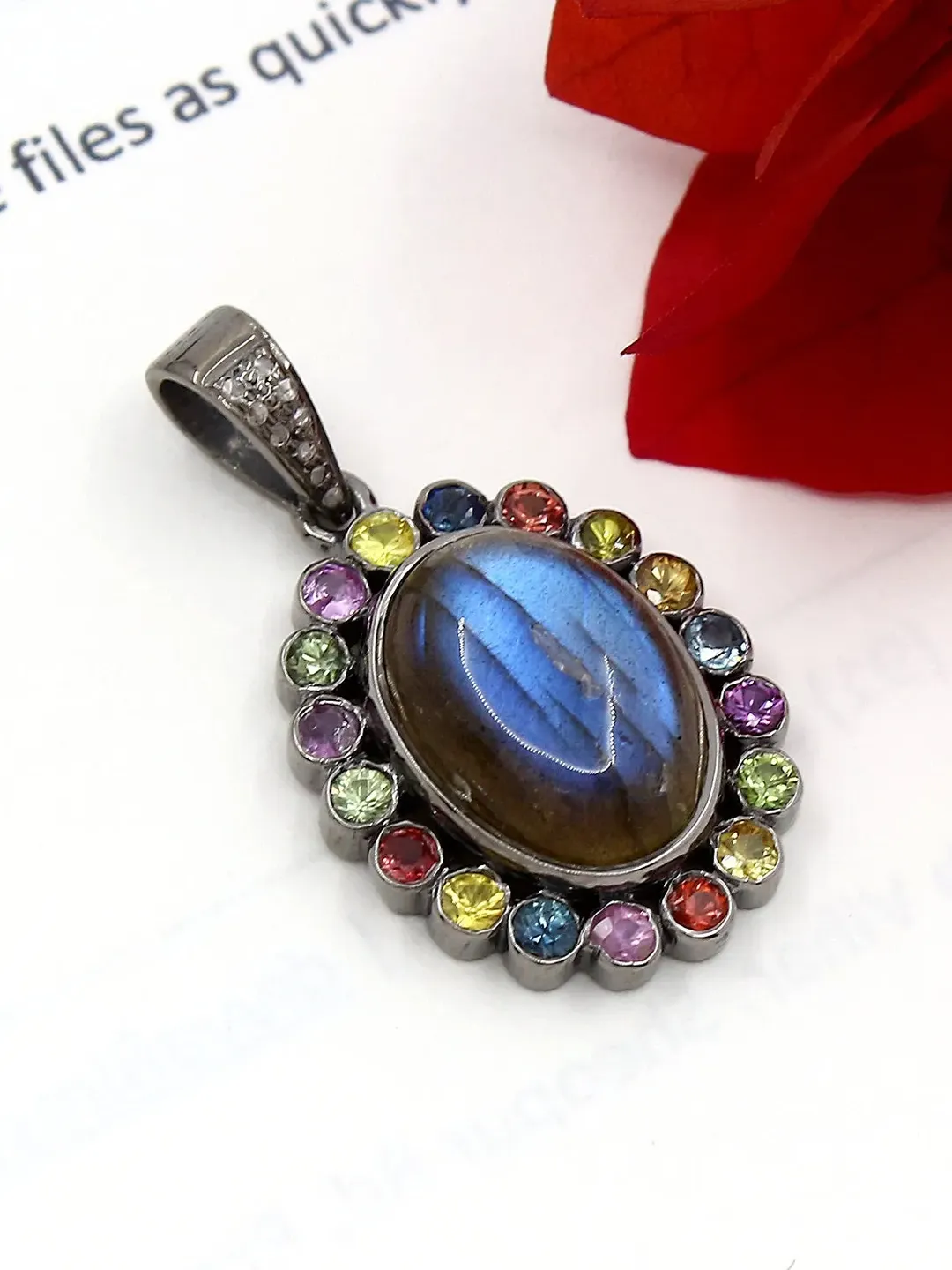 Natural Blue Labradorite with Multi Sapphire Pendant, Pave Diamond Pendant, 925 Sterling Silver, Multi Stone Pendant, Victorian Jewelry