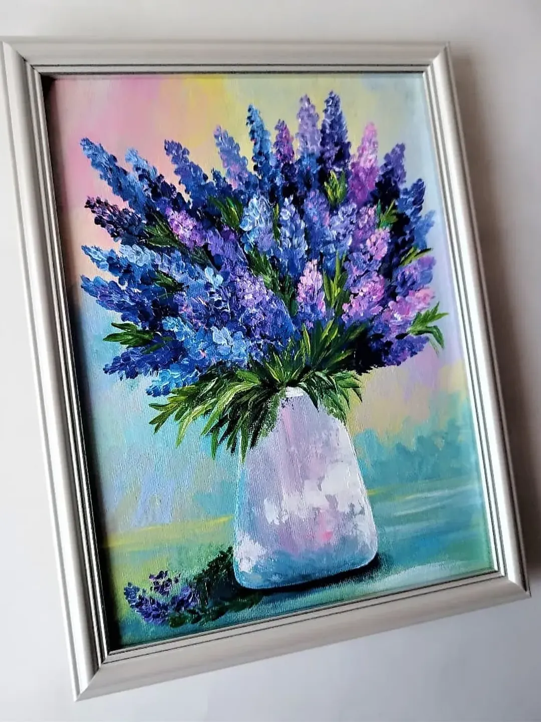 Bouquet art lavender flowers painting impasto wall artwork