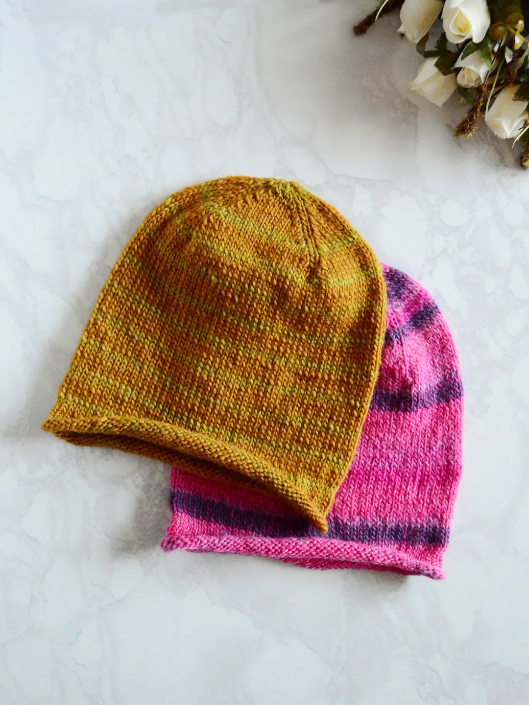Knitted mustard colored beanie hat for women
