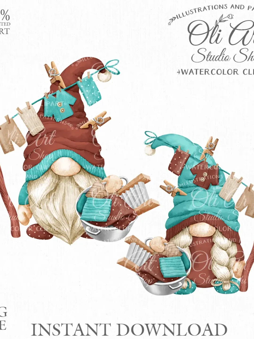 laundry Gnome Clip Art. Cute Characters, Hand Drawn graphics. Digital Download. OliArtStudioShop