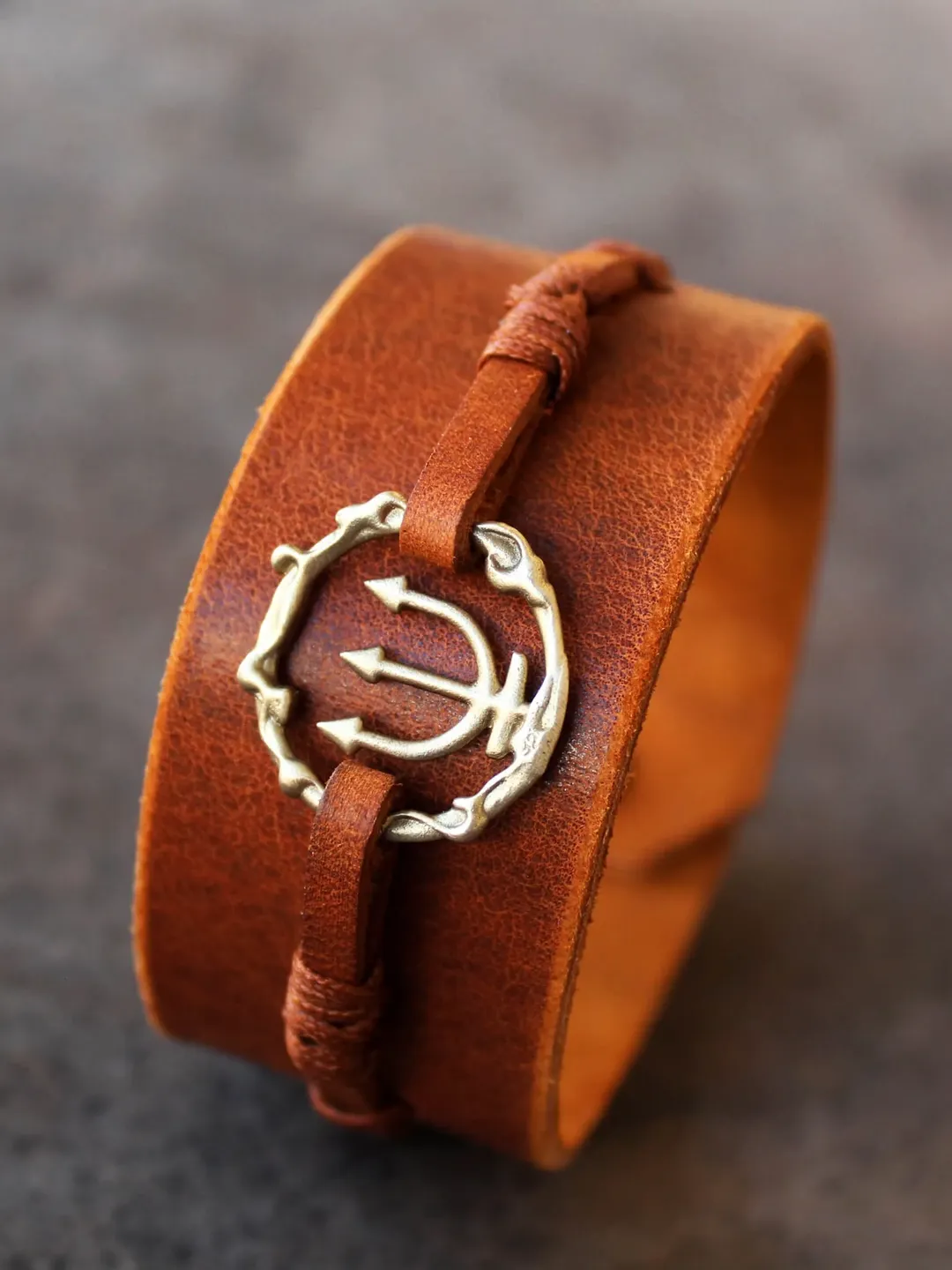 Trident Men Leather Bracelet, Poseidon | Greek Mythology | Light Brown Strap Bracelet