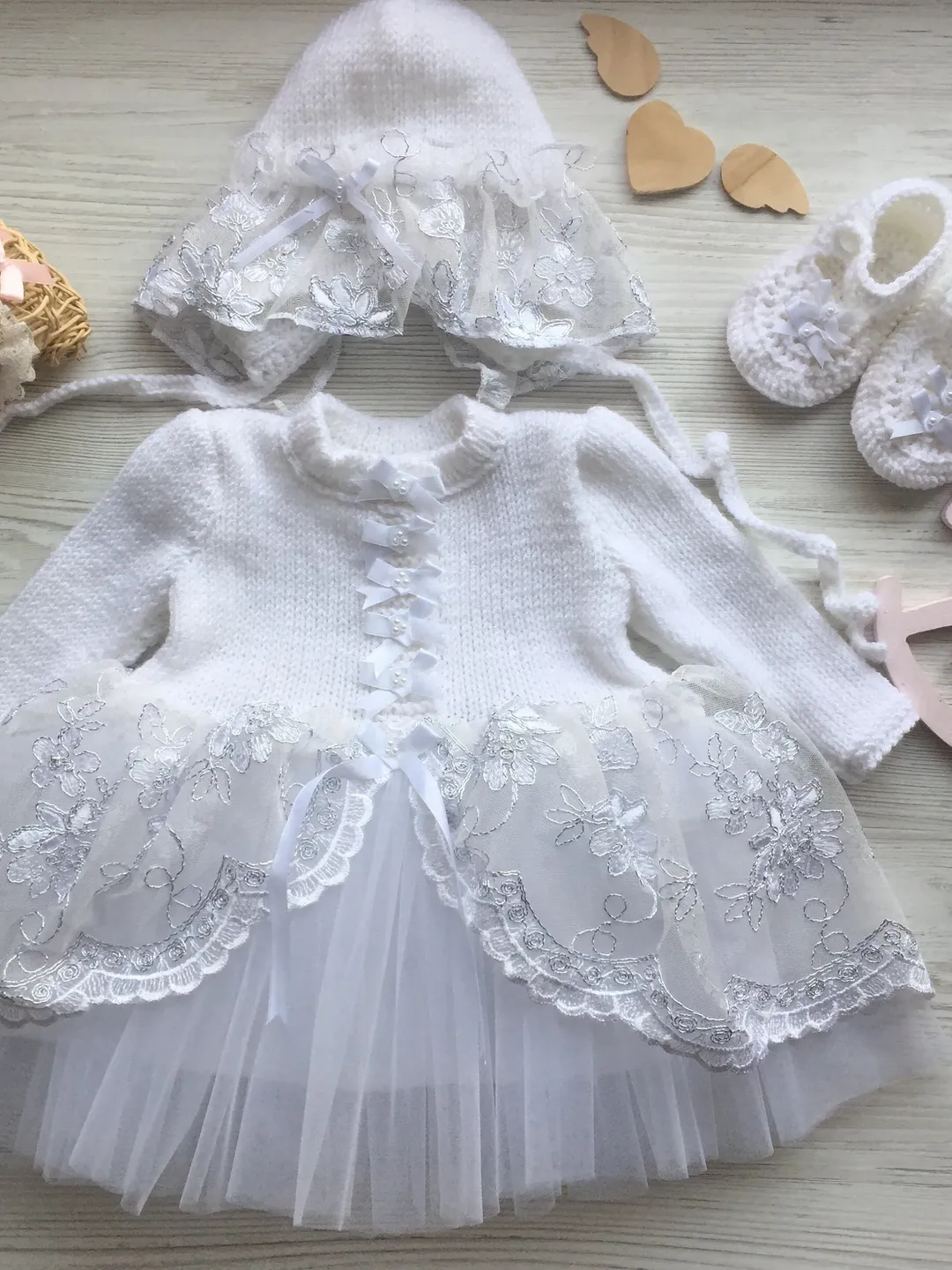 Knitting outfit for baby girl. Take home outfit for girl. Baptism outfit for girl. Christening gown. Baptism dress. Baby shower outfit .