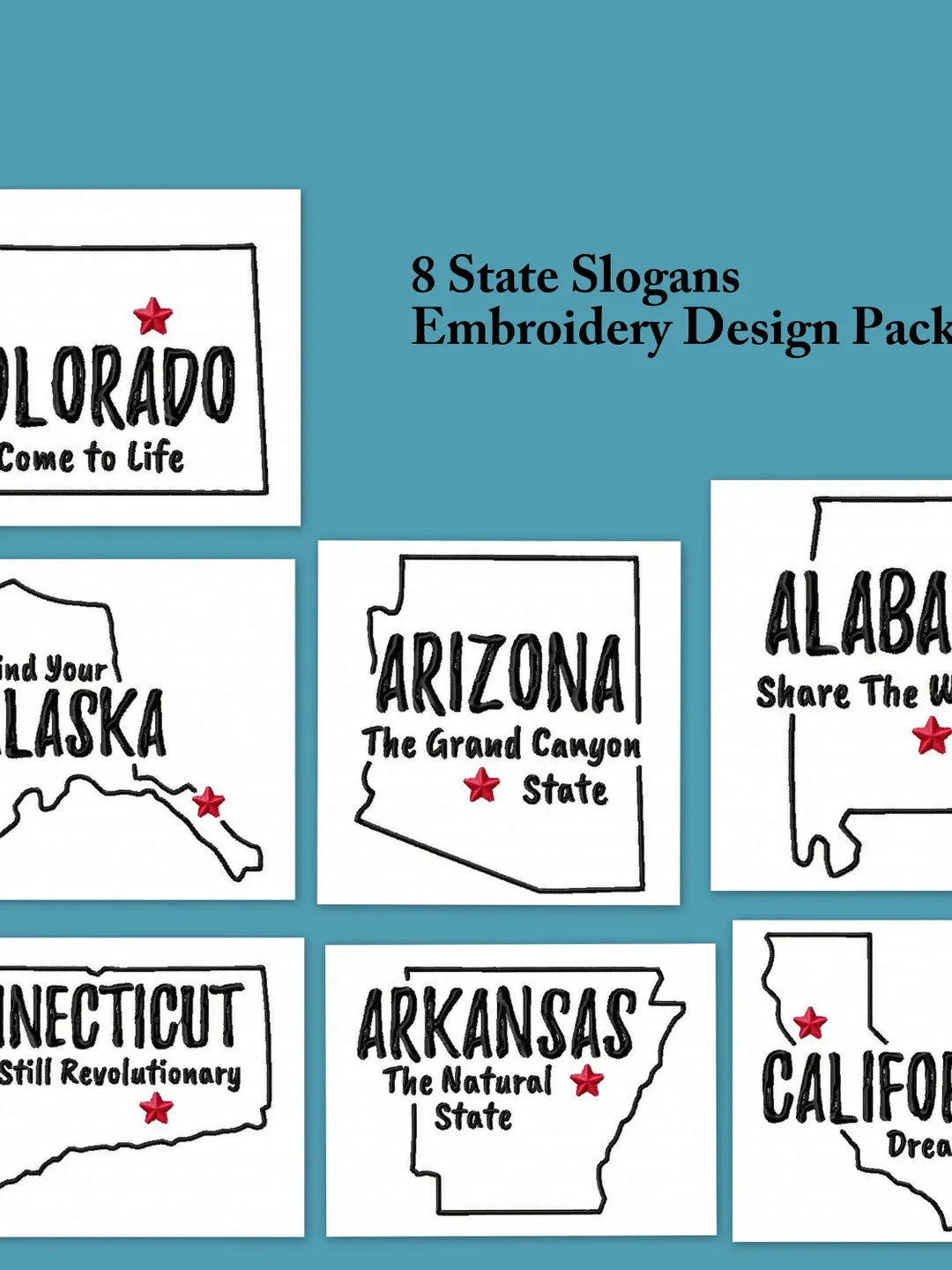 Embroidery Taglines 50% off,7 State Slogans Embroidery Design Pack 1,7 size, Instant ...