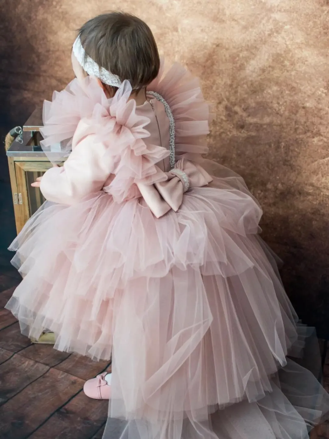 Beige tutu dress with beads, headband. First birthday dress. Flower girl dress. Cocktail dress for girl. Dress for baby girl.