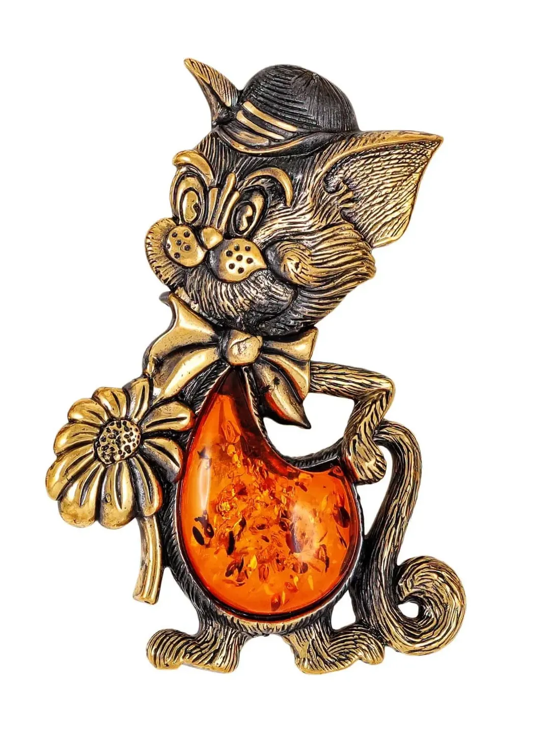 Cat Tom Brooch pin with Daisy flower Cartoon Cat animal jewelry gold Baltic amber Brooch cute gift women teenage cat