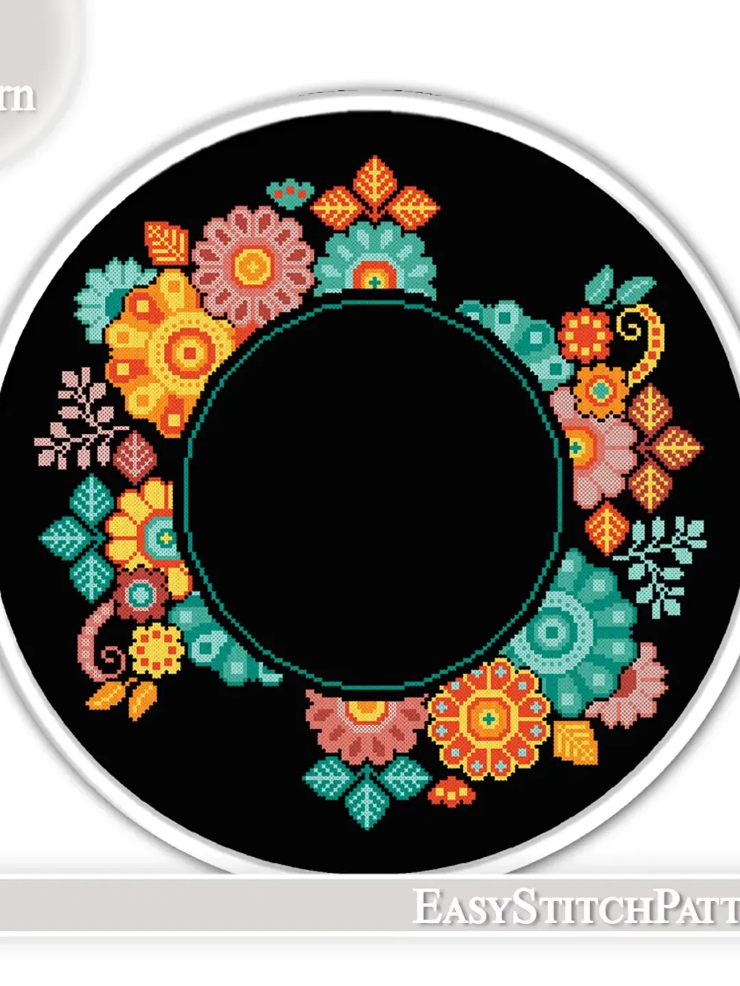 Floral Wreath cross stitch pattern. Flower frame cross stitch. Folk cross stitch pattern.