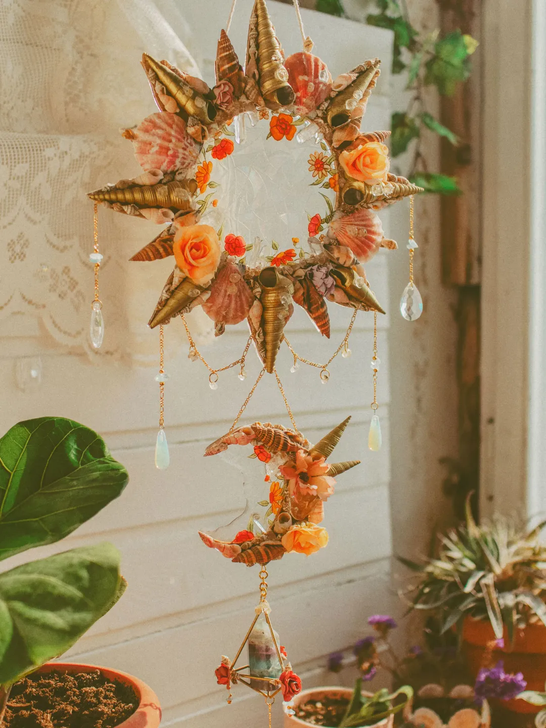 Mermaid Suncatcher “Here Comes The Sun“ made with shells, crystals and light refracting elements. Bohemian sun and moon wall hanging with stained glass effect. Maximalist hippie home decor.