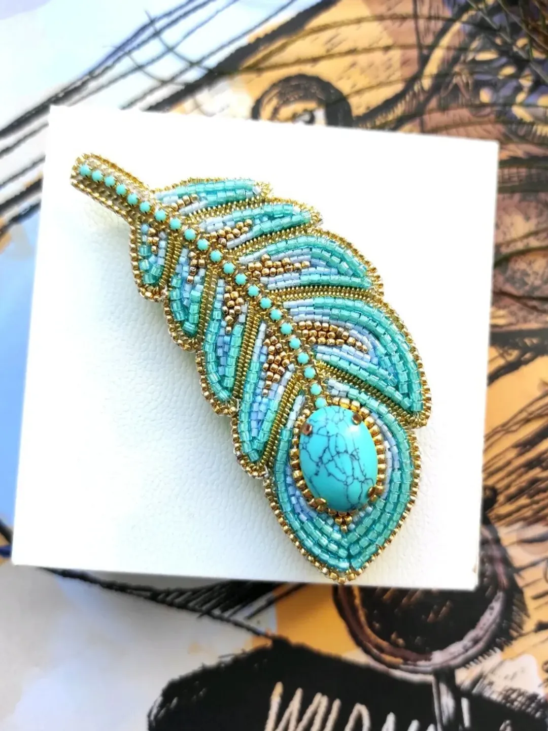 Feather brooch, turquoise brooch, brooch pin, beaded brooch, mothers day, gift for friend, handmade gifts, brooch, pin