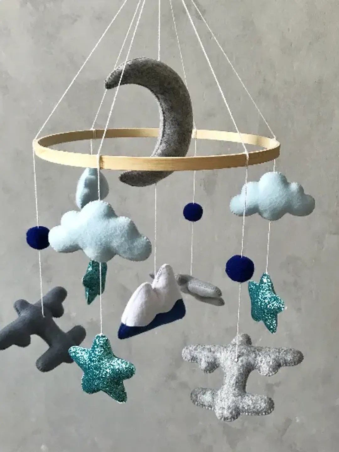 Handmade Baby Boy Mobile with Airplanes, Clouds, Stars, and Mountains - Blue and Gray Sky Themed Crib Mobile for Nursery