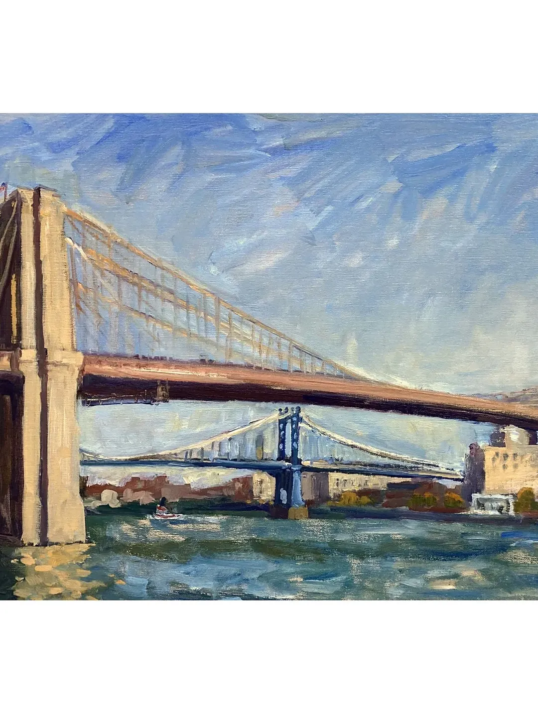 Large Original New York Cityscape Painting - Brooklyn Bridge/NYC - 14x26 Oil on Linen, Impressionist Fine Art, Signed Plein Air Landscape