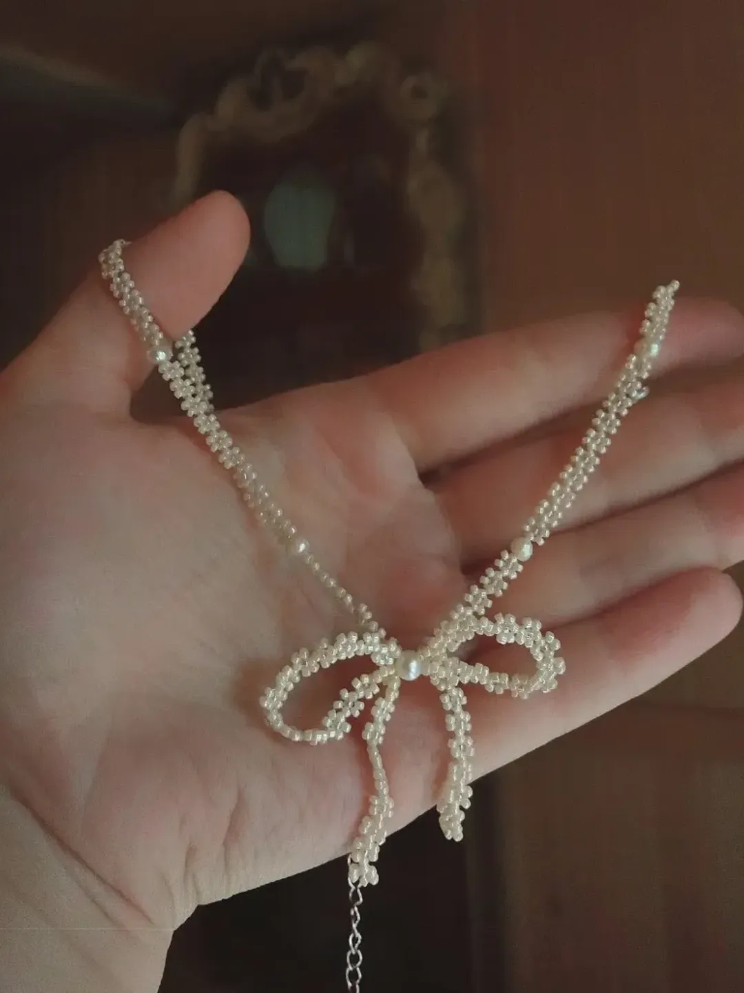 Pearl Bow necklace, handwoven beaded bowknot choker necklace in beige color, cute flower seed bead necklace for women