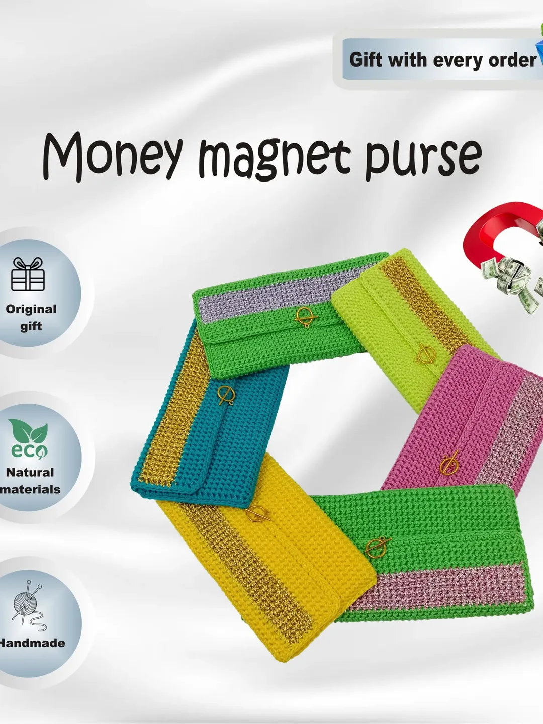 1 Hand knitted purse to attract money, from natural yarn