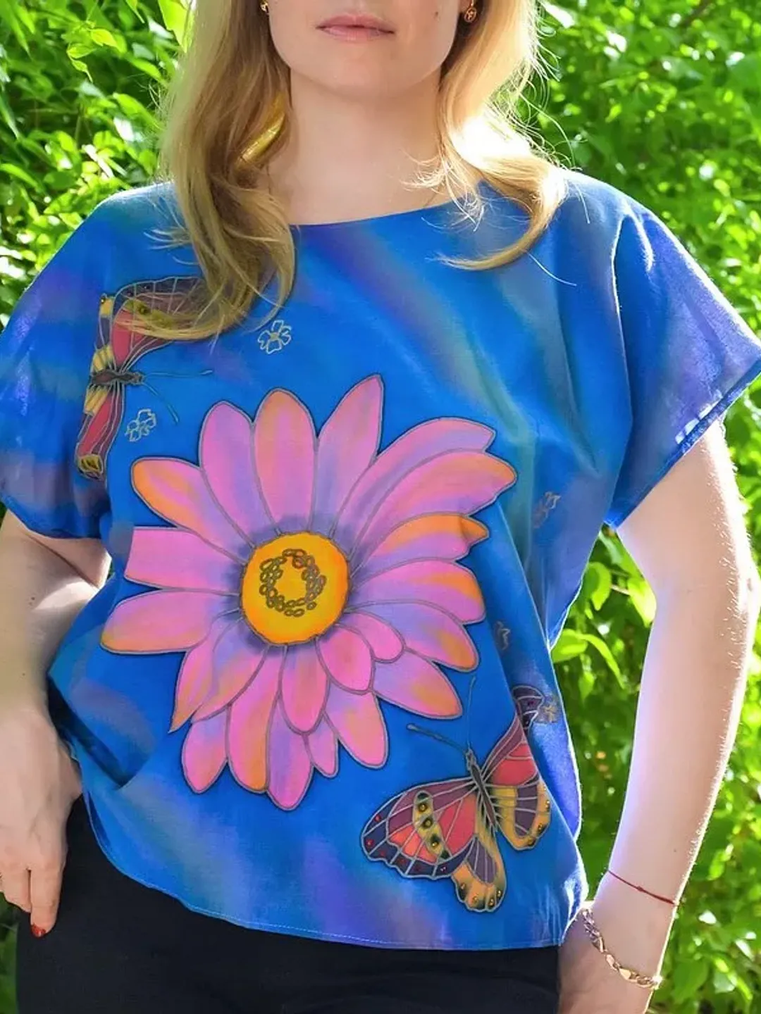 Hand painted cotton blouse, t-shir, Summer top women, Cotton oversized clothing