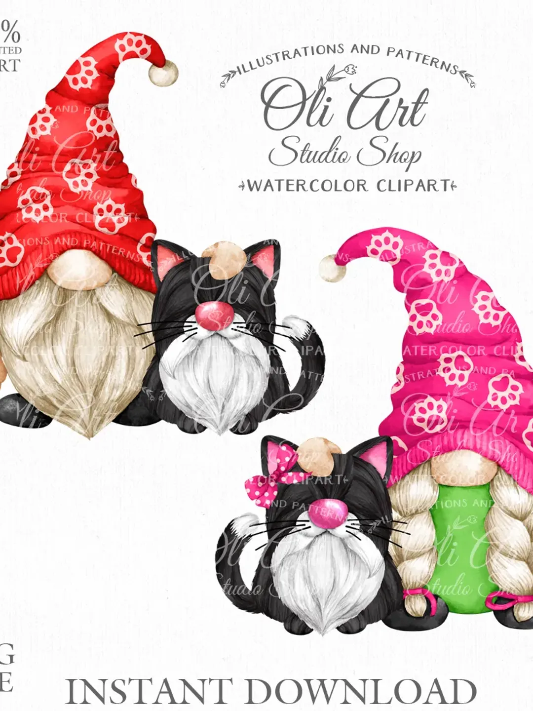 Gnome Walking the Cat Clip Art. Cat Lovers. Cute Characters. Hand Drawn graphics. Digital Download. OliArtStudioShop
