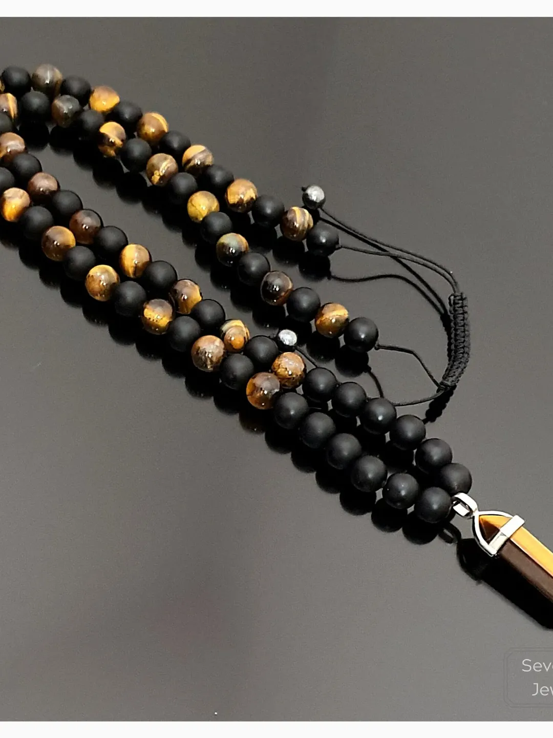 Natural Tiger's Eye Necklace, Onyx Beads, Tiger's Eye Pendant, Long Bohemian Necklace, Unisex Necklace, Authentic Jewelry, Macrame Necklace