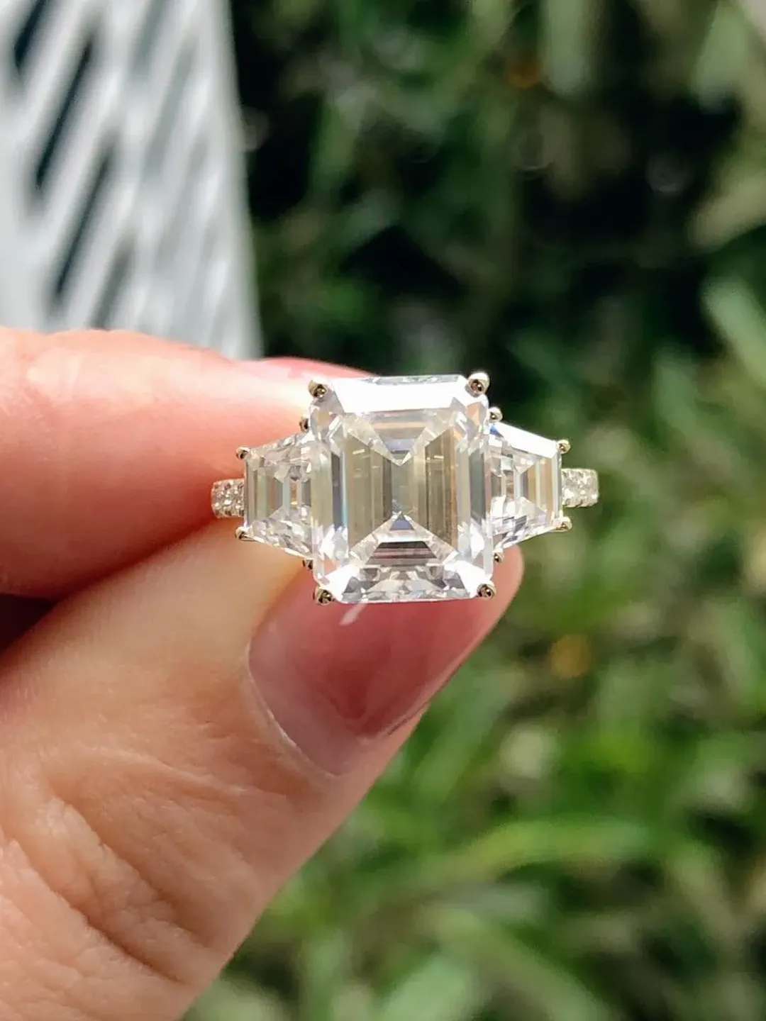 Emerald Cut Moissanite Colorless 11x9mm/5.25ct Three Stone Halo Wedding Ring,ValentineGift,GiftForHer,Anniversary Ring,Perfect gift for Her