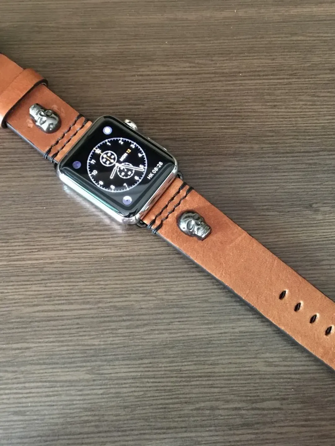 Apple Watch Series 7, Leather Watch Band with Sterling Silver 925 Skull Stud, Apple Watch Band 45mm, 41mm, Handmade iWatch Band Gift Ideas