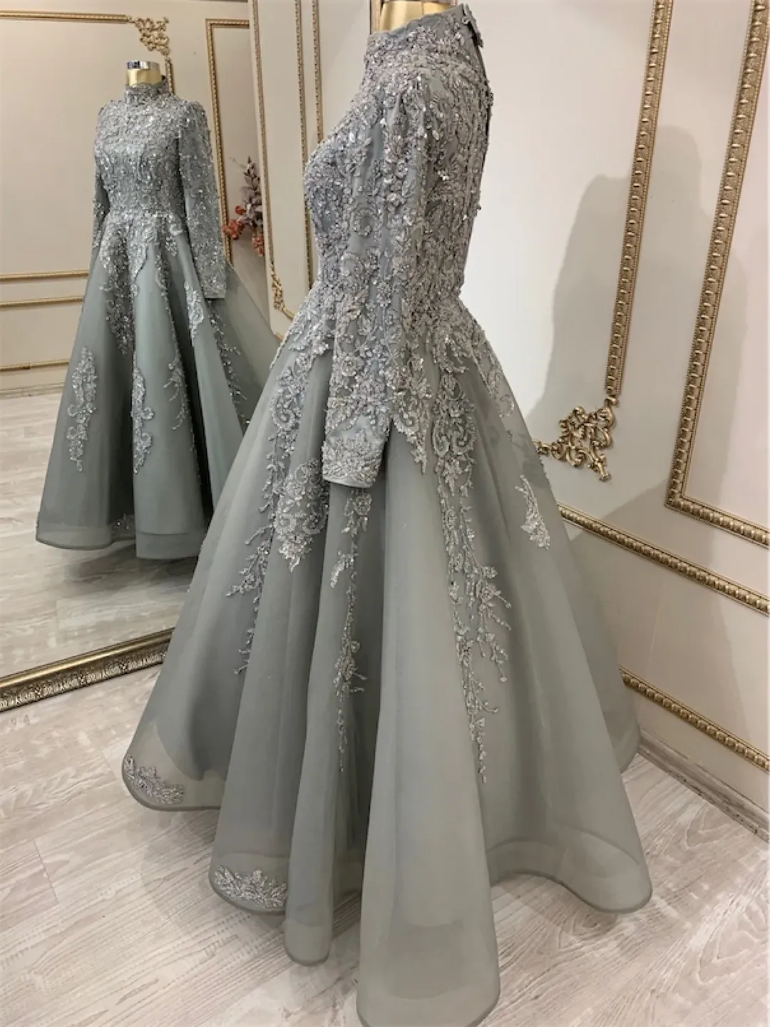 sachin and babi light blue dress Long Sleeve Modest Muslim Formal Evening Dress Coral Pink Silk