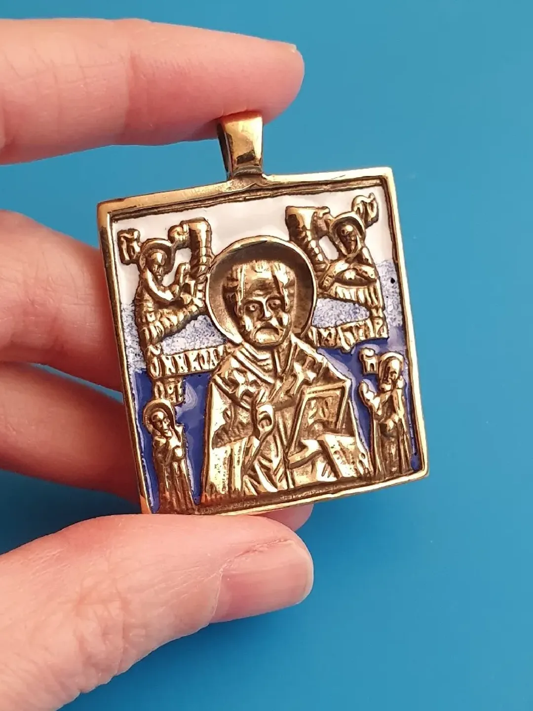 St Nicholas the Wonderworker pendant | brass icon colorful enamel | copy of an ancien icon 19 c. | Orthodox store