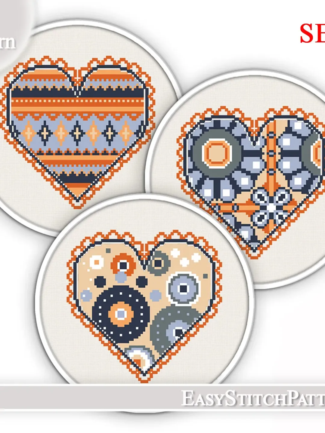 Abstract Hearts Cross Stitch Pattern. Set of 3. Love cross stitch.