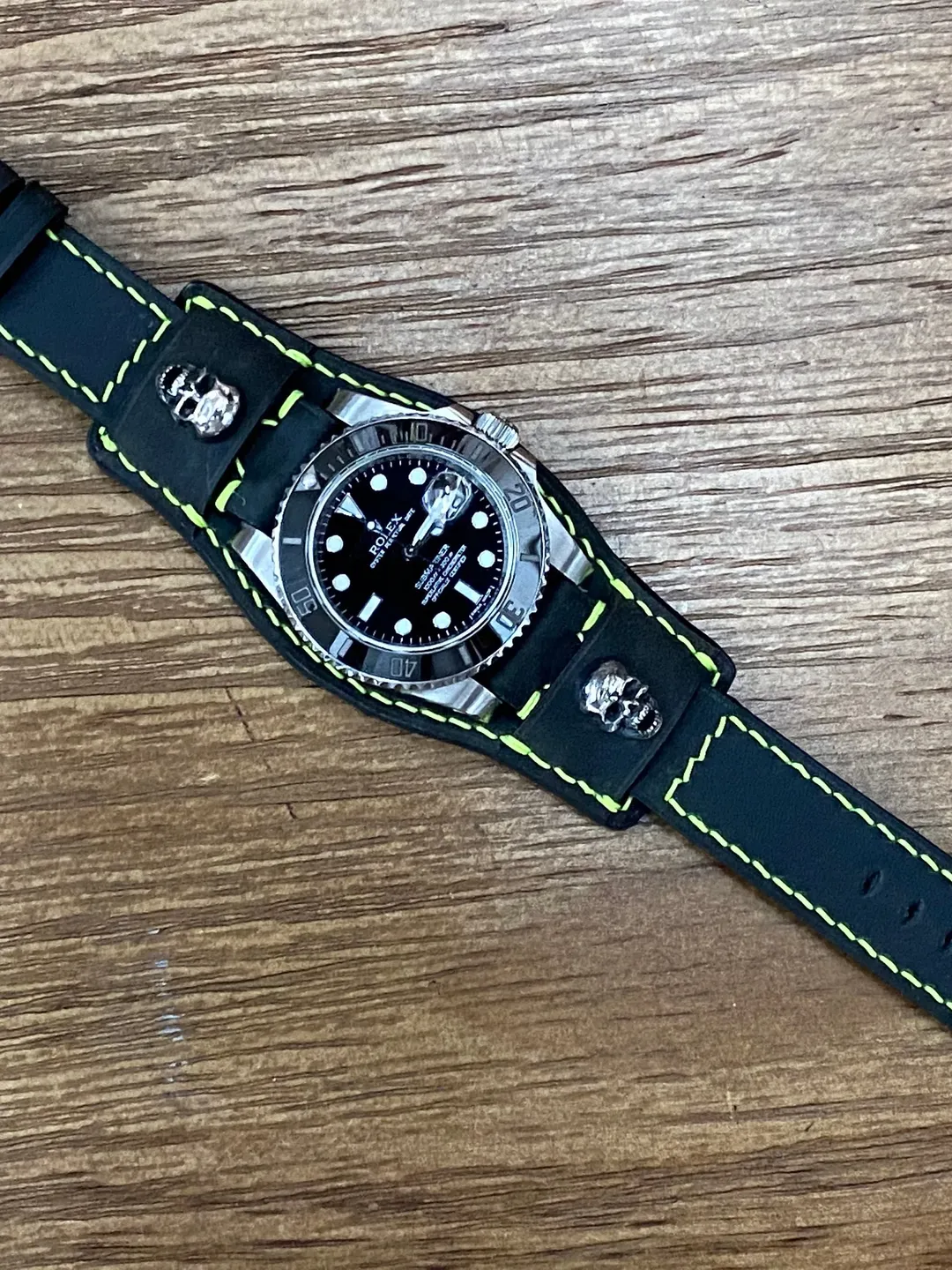 Leather Watch Band, Leather watch strap, Cuff band, 20mm watch band, 19mm strap, Black leather wristwatch band, Sterling Silver Skull