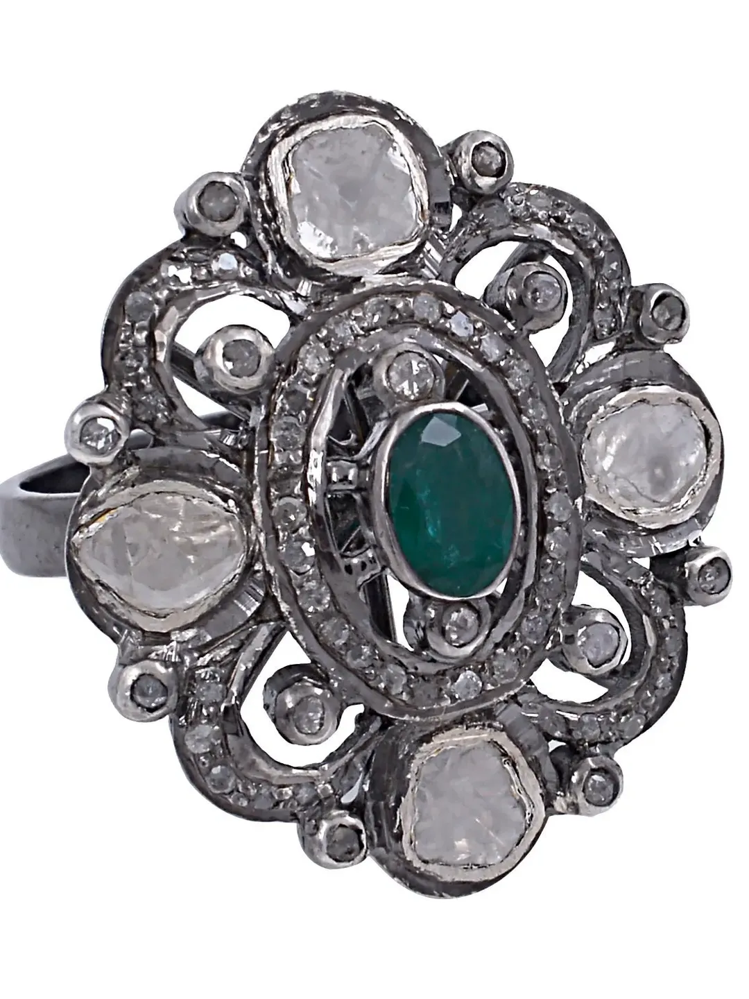 Natural Emerald Ring, Pave Diamond Ring, Polki Diamond Ring, Engagement Ring, Cocktail Ring, Sterling Silver Ring, Victorian Jewelry