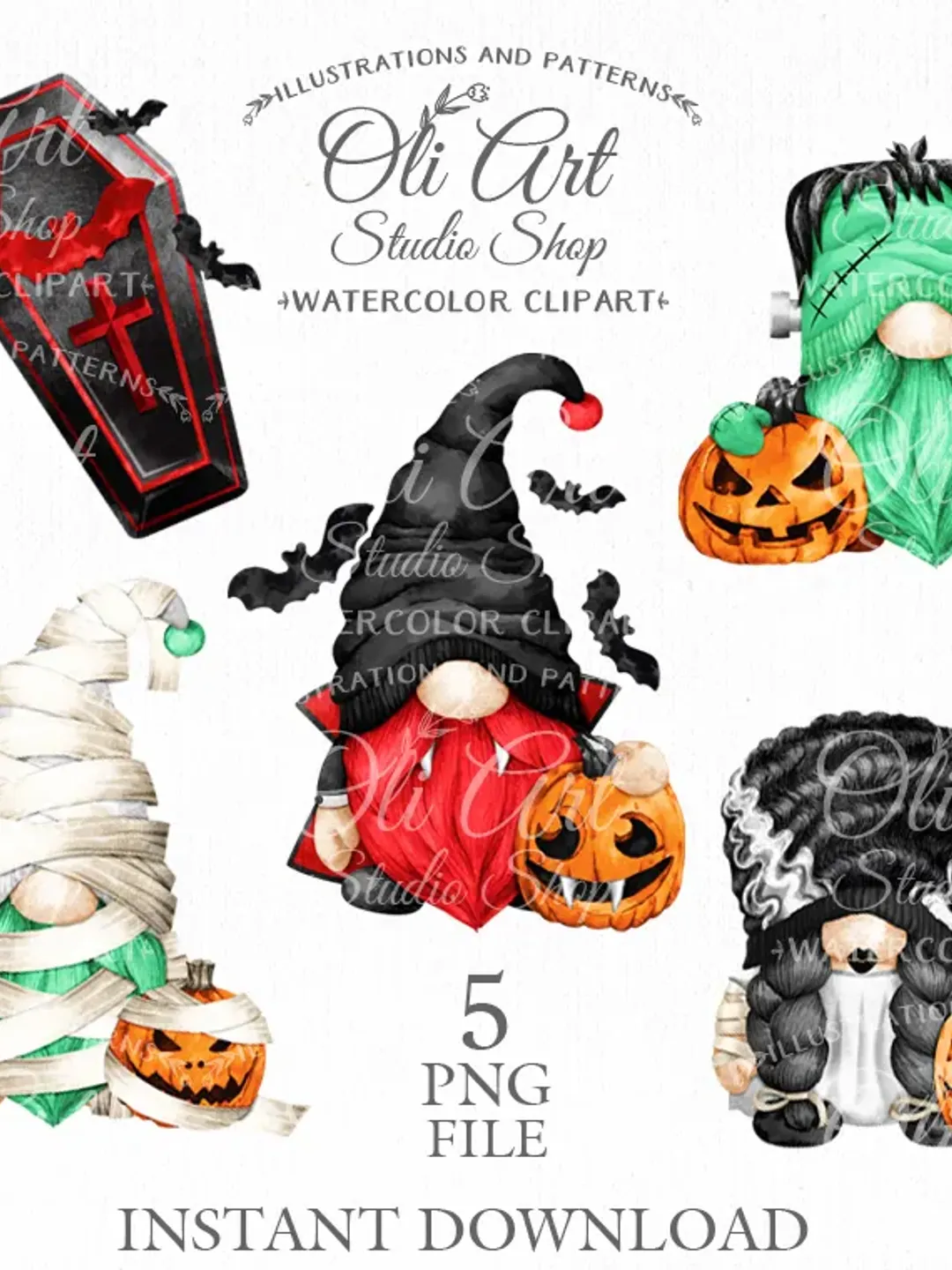 Happy Halloween Gnome Digital Clipart. Frankenstein, Dracula, Mummy, Bride of Franken Gnome. OliArtStudioShop