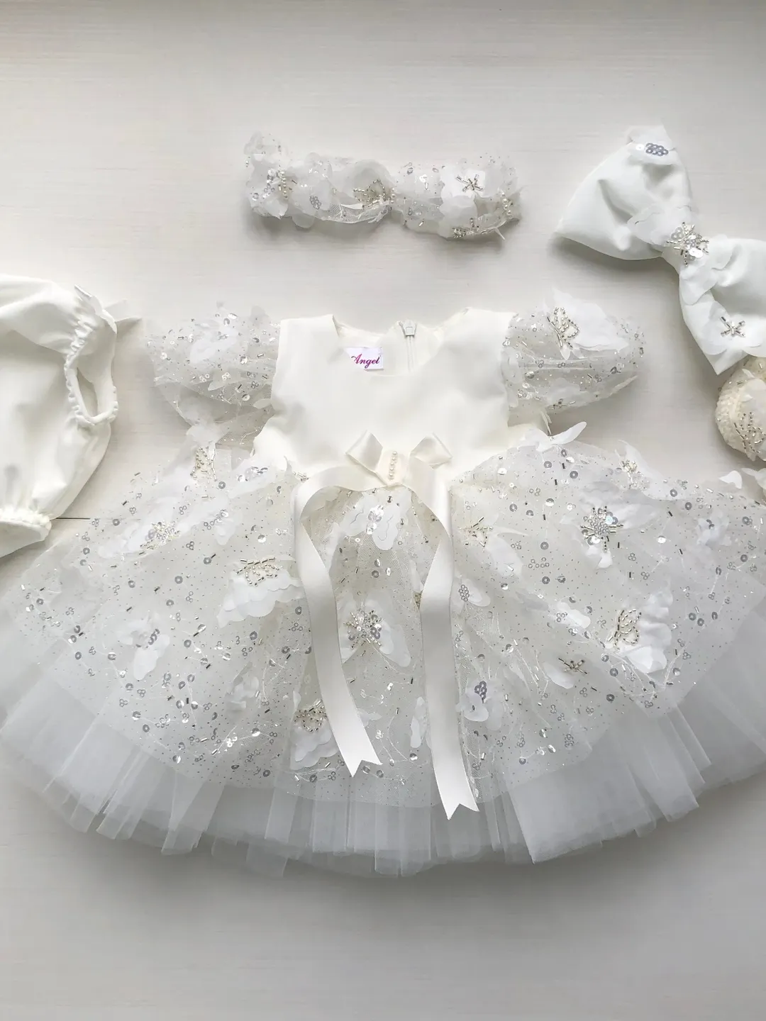 Ivory dress with butterflies, sparkles and pearls, headband, panties and shoes. Baptism outfit for baby girl. Christening gown for baby.