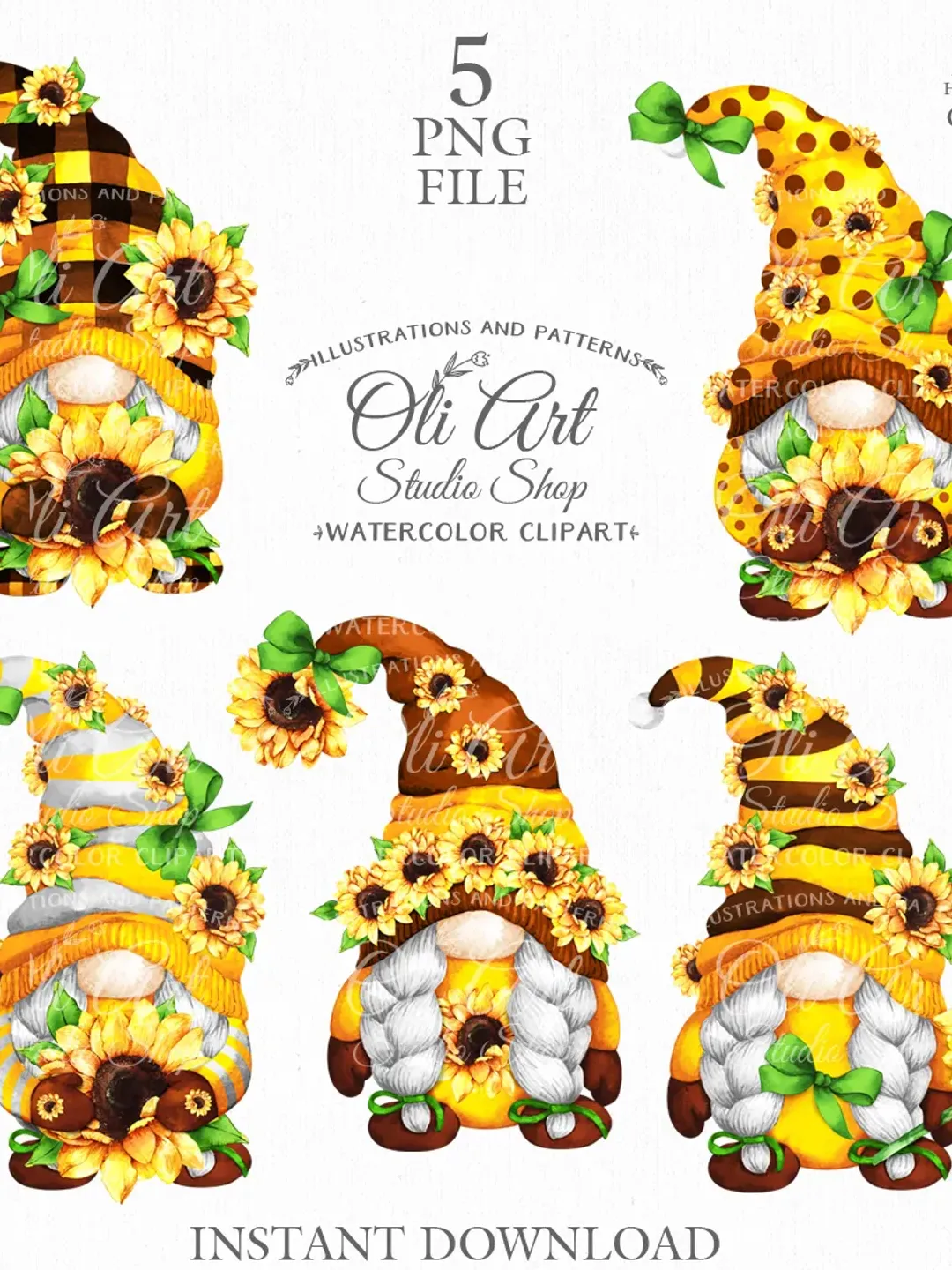 Sunflower Gnome Clip Art. Cute Characters, Hand Drawn graphics. Digital Download. OliArtStudioShop