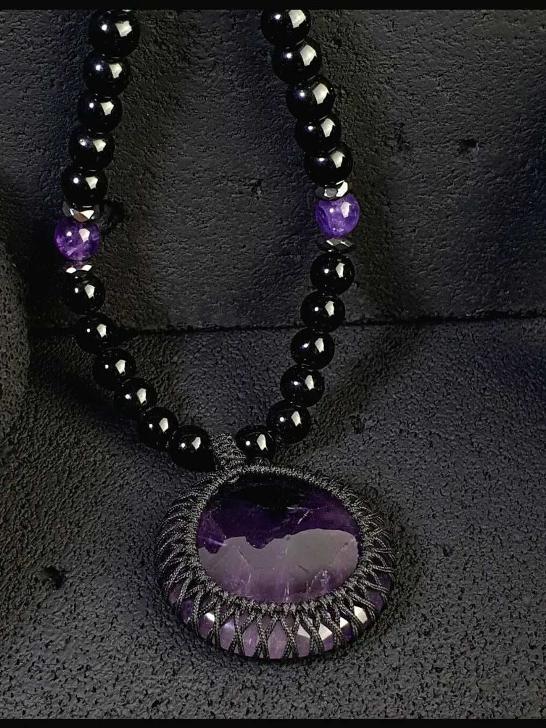 Bohemian Natural Amethyst Macrame Necklace with Onyx Beads, Stunning Purple Amethyst Beaded Jewelry with Amethyst Pendant, Gifts for Women