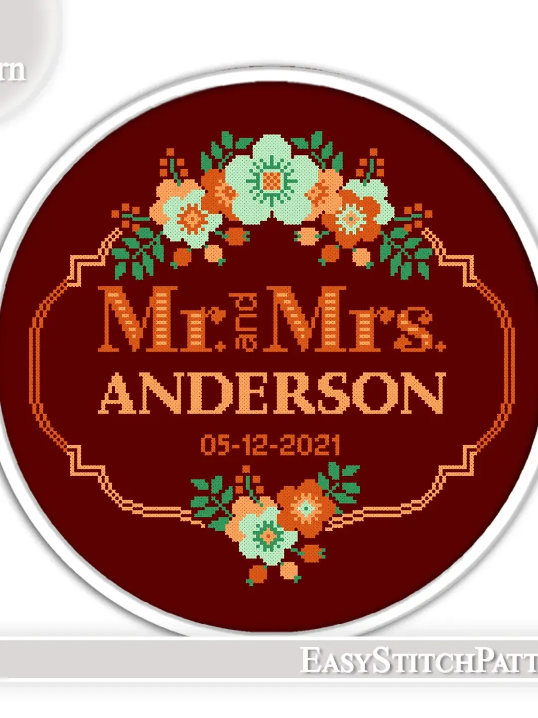 Wedding cross stitch pattern. Floral Wreath cross stitch pattern. DIY. Flower border.