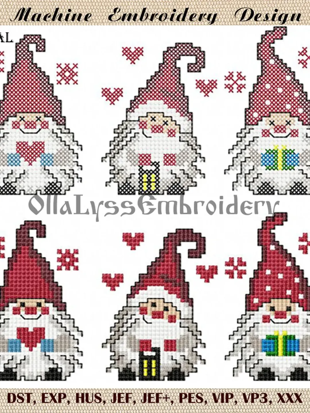 Three Christmas Gnomes cross stitch embroidery designs
